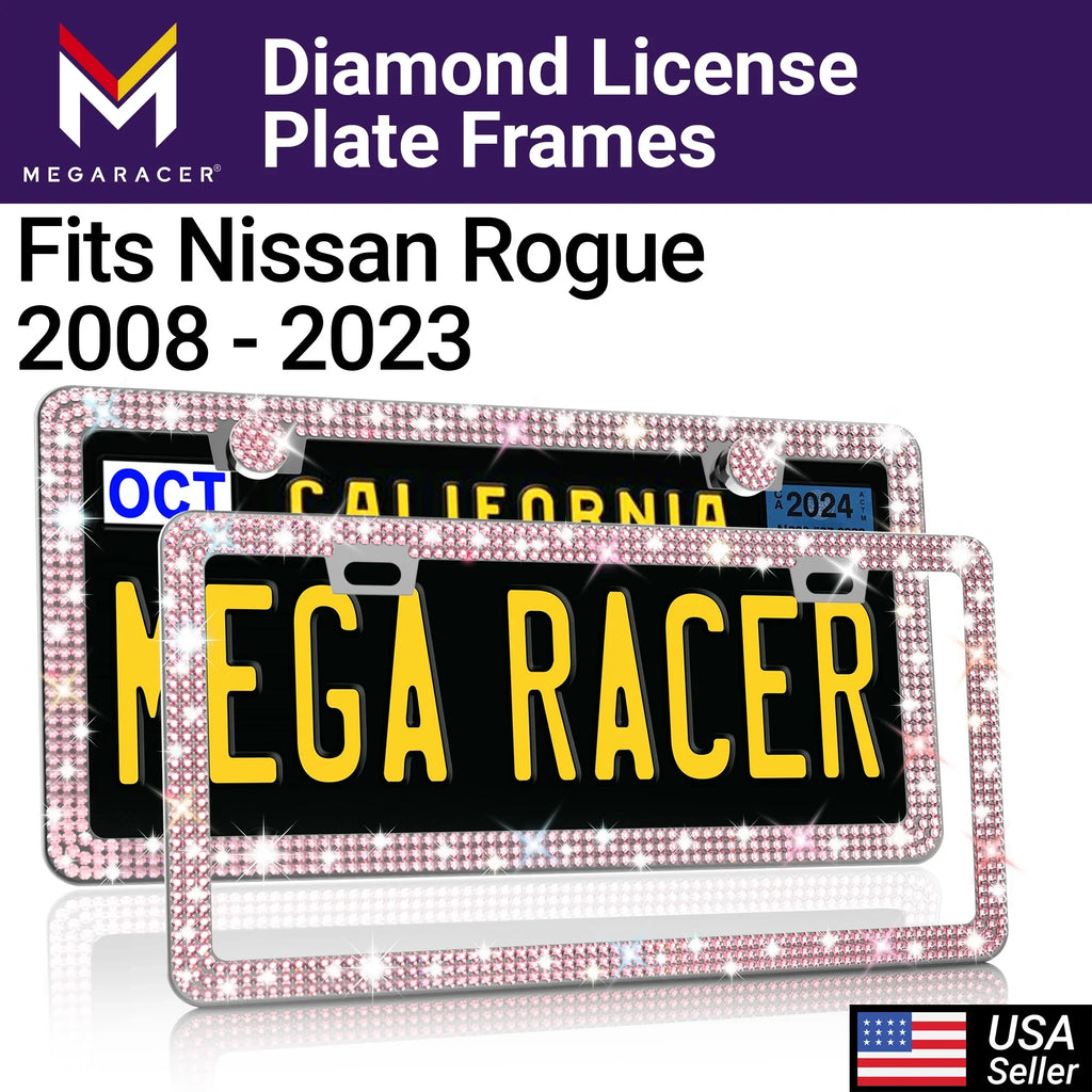 Mega Racer Nissan Rogue Bling License Plate Frames Diamond Pink Rhinestones, 2 Holes with Mounting Screws, Nissan Rogue 2008 - 2023 08 - 23 Sparkly Car License Plate Frame