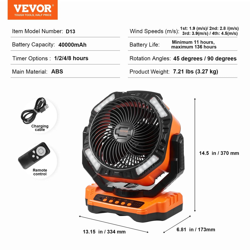 13 inch Portable Fan Rechargeable with  Lantern 4 Speeds Swivel Timer