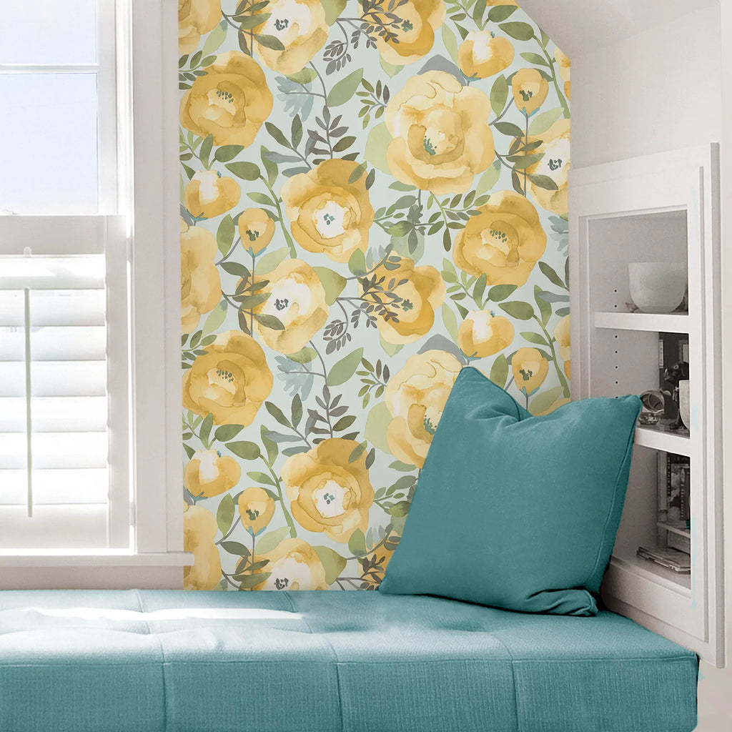 NuWallpaper Peachy Keen Yellow Vinyl Peel And Stick Wallpaper, 216-in by 20.5-in, 30.75 sq. ft.