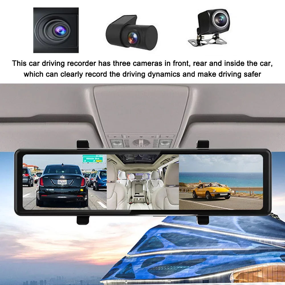 Pinnaco 3 Cameras Dash Cam 2.5K Clear Car Rearview Mirror  Car Video Recording Camcorder Touched Screen Car Camera Recorder Auto Driving Recorder for Enhanced Safety