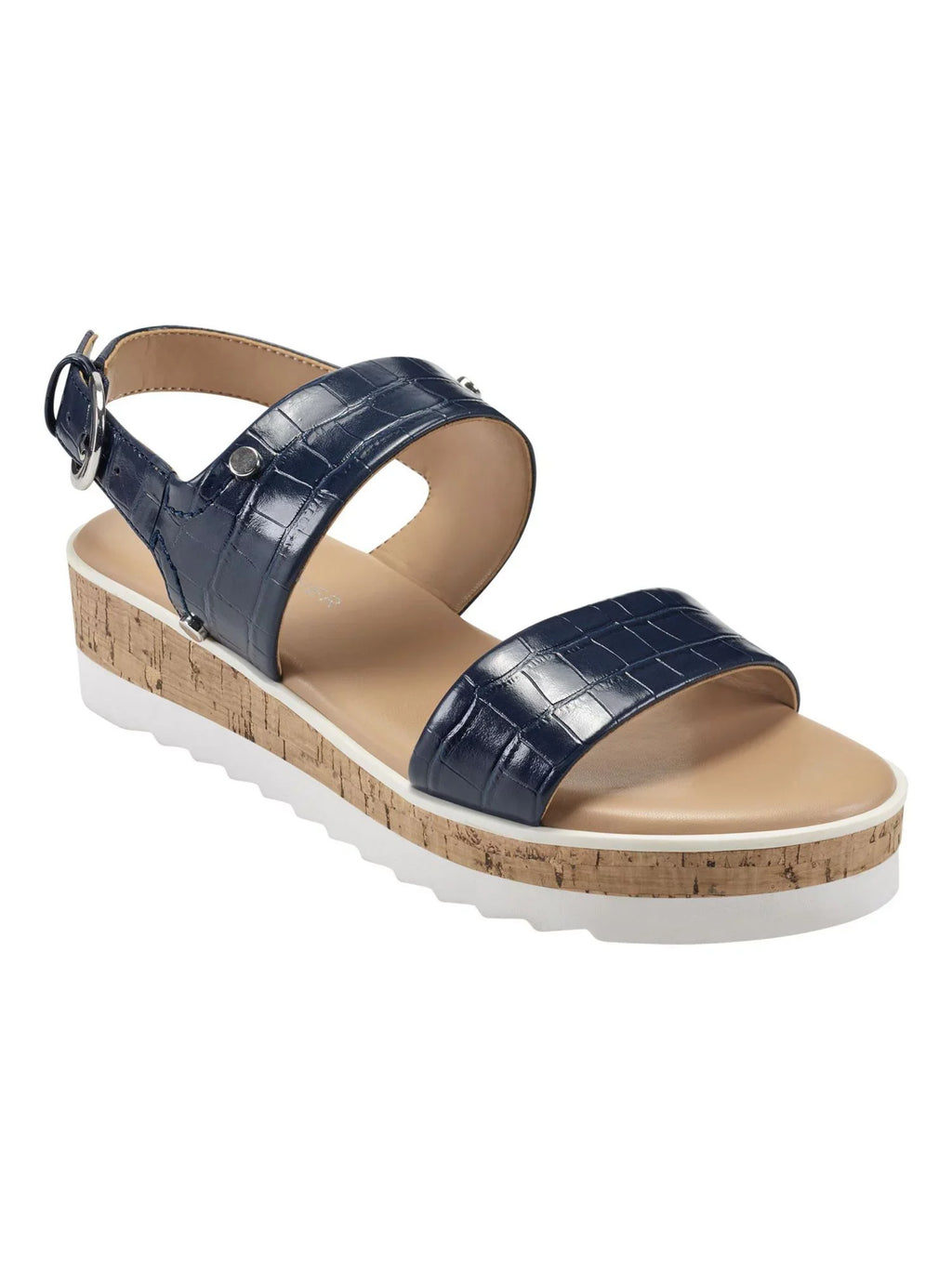 Womens Blue Mixed Media Demi 1" Platform Gordy Almond Toe Wedge Buckle Sandals Shoes 8.5 M