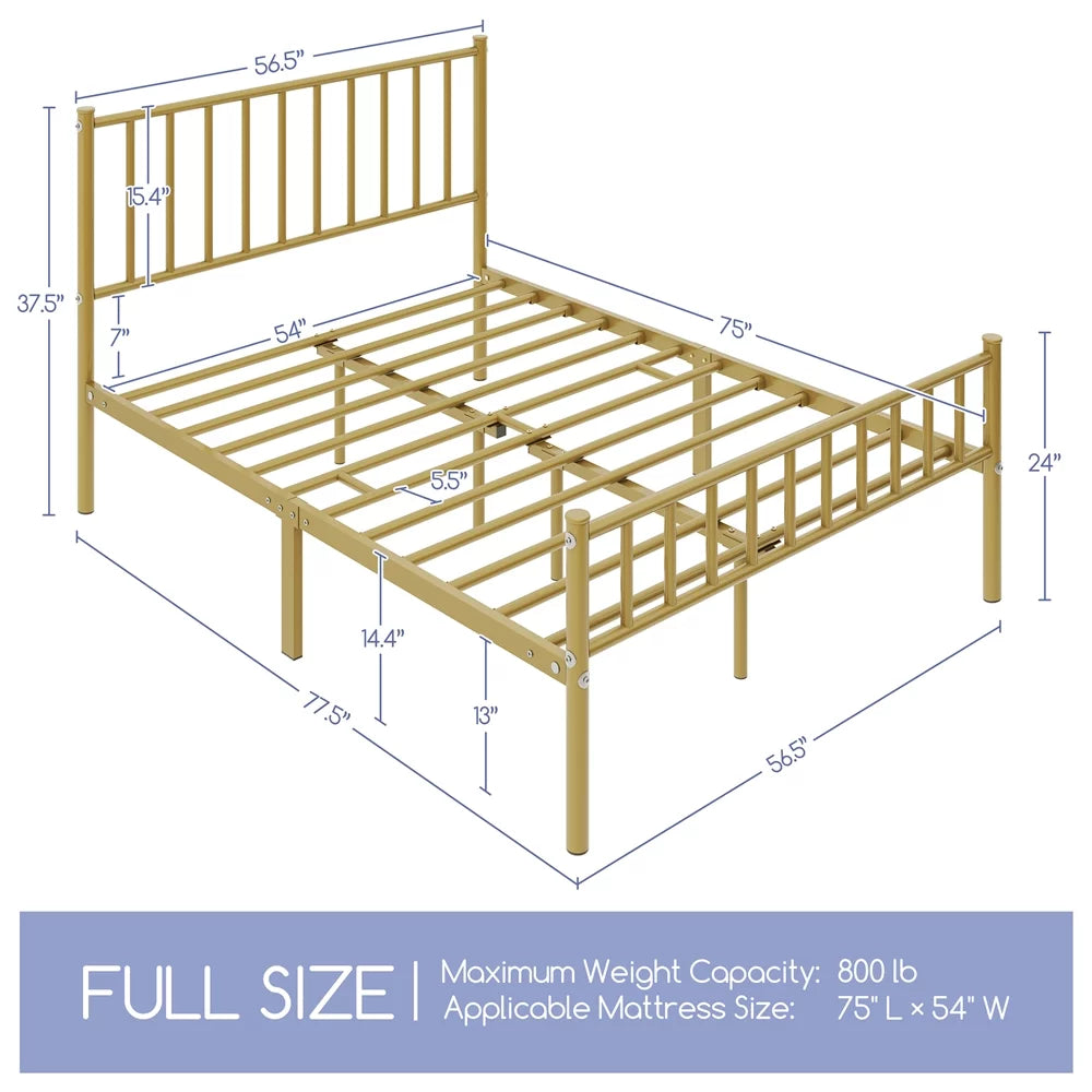 Easyfashion Justin Metal Platform Bed with Spindle Headboard and Footboard,Full,Antique Gold