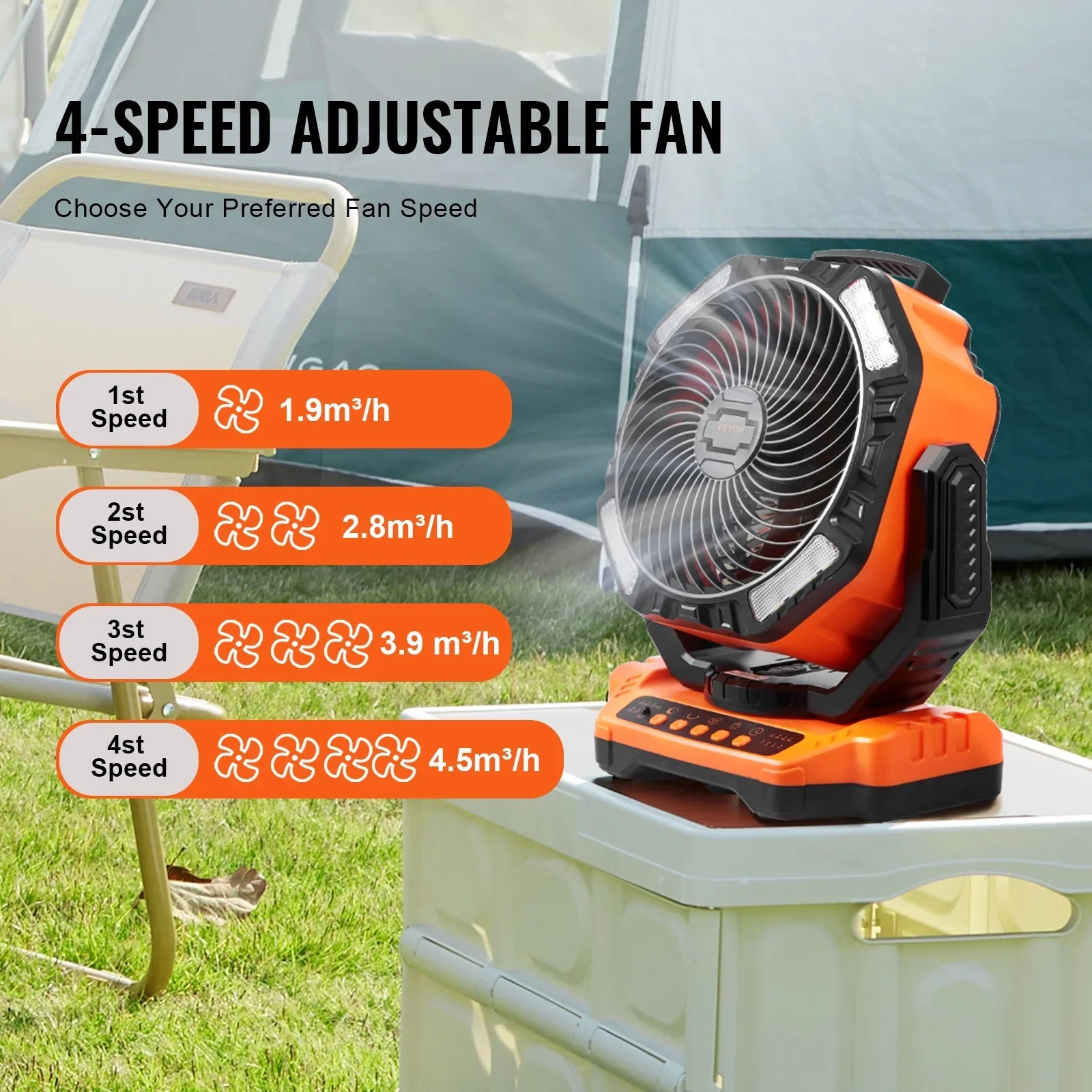 13 inch Portable Fan Rechargeable with  Lantern 4 Speeds Swivel Timer