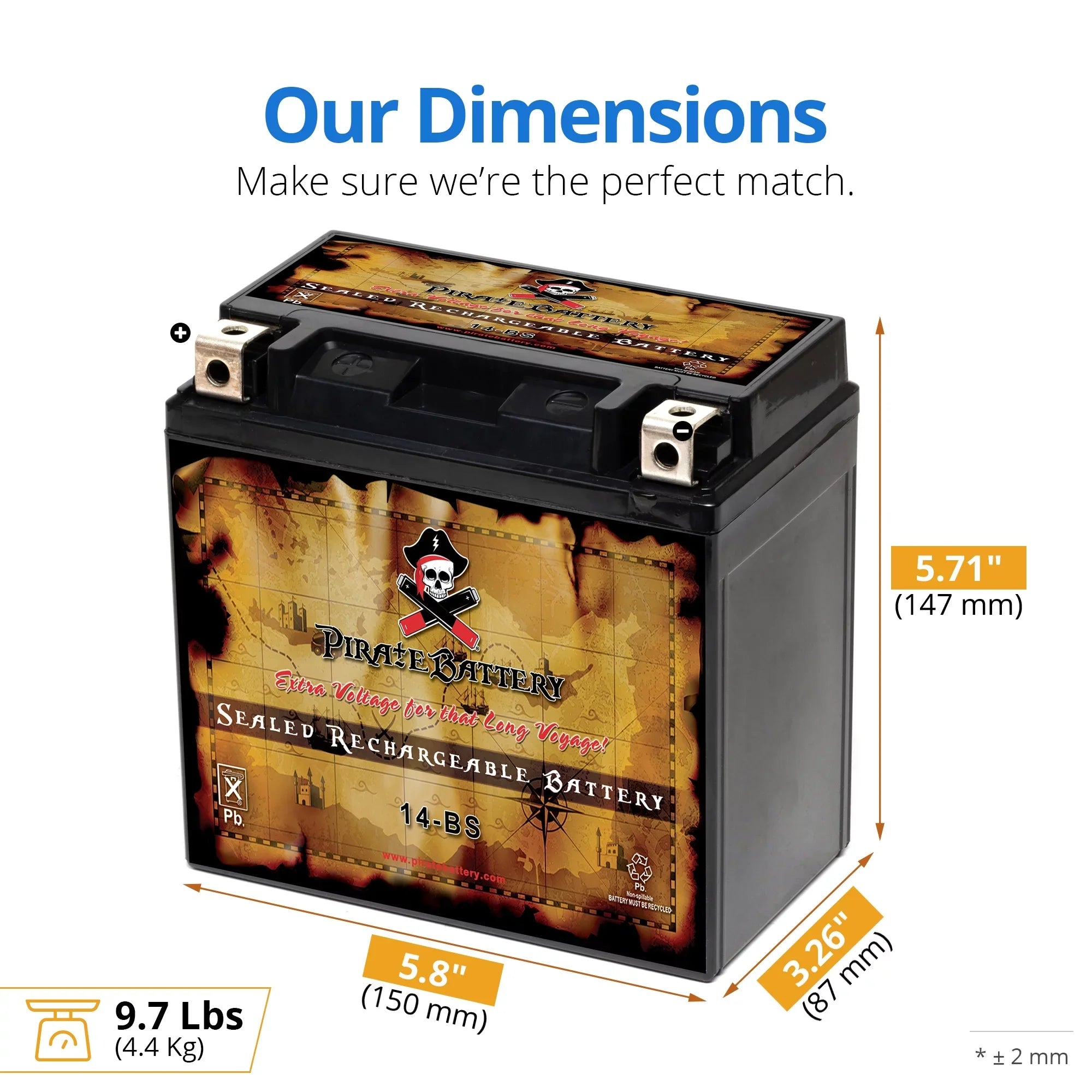 Pirate Battery YTX14- (14- 12 Volt,12 Ah, 200 ) Motorcycle Battery for Honda 1100cc Vt1100c, C3, T Shadow (spirit, Aero, A. C. E. Tourer) 2007