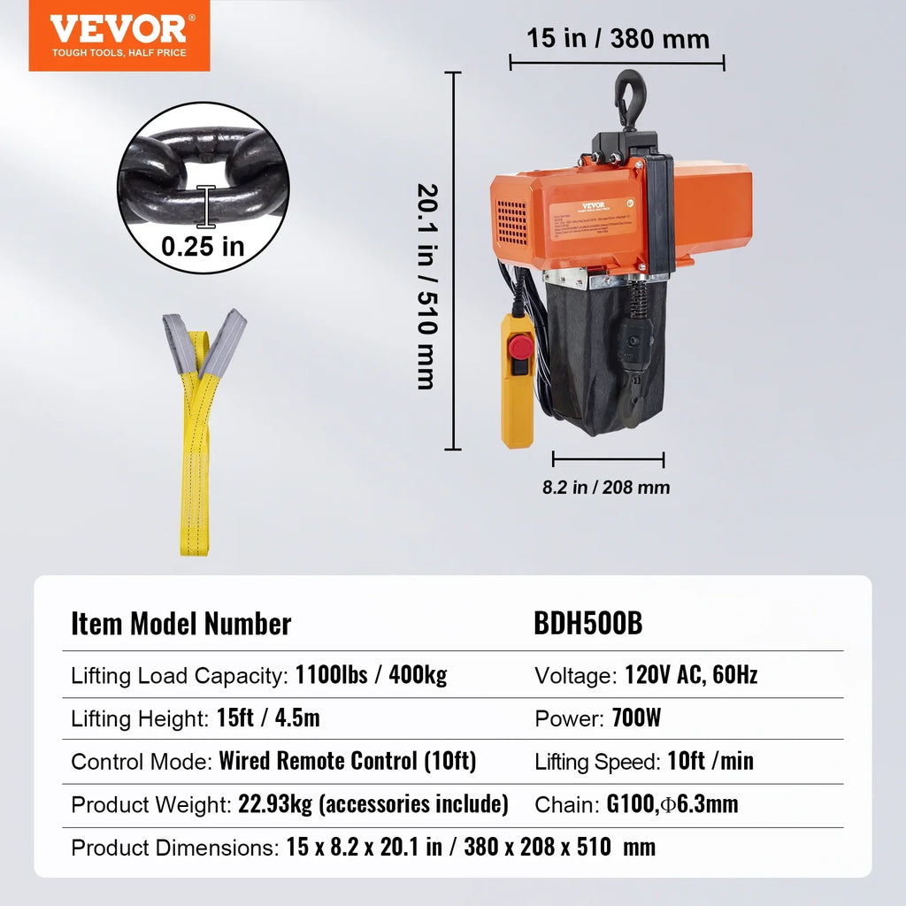 Electric Chain Hoist Single Phase Crane Hoist 1100 lbs Load 15 ft Lifting