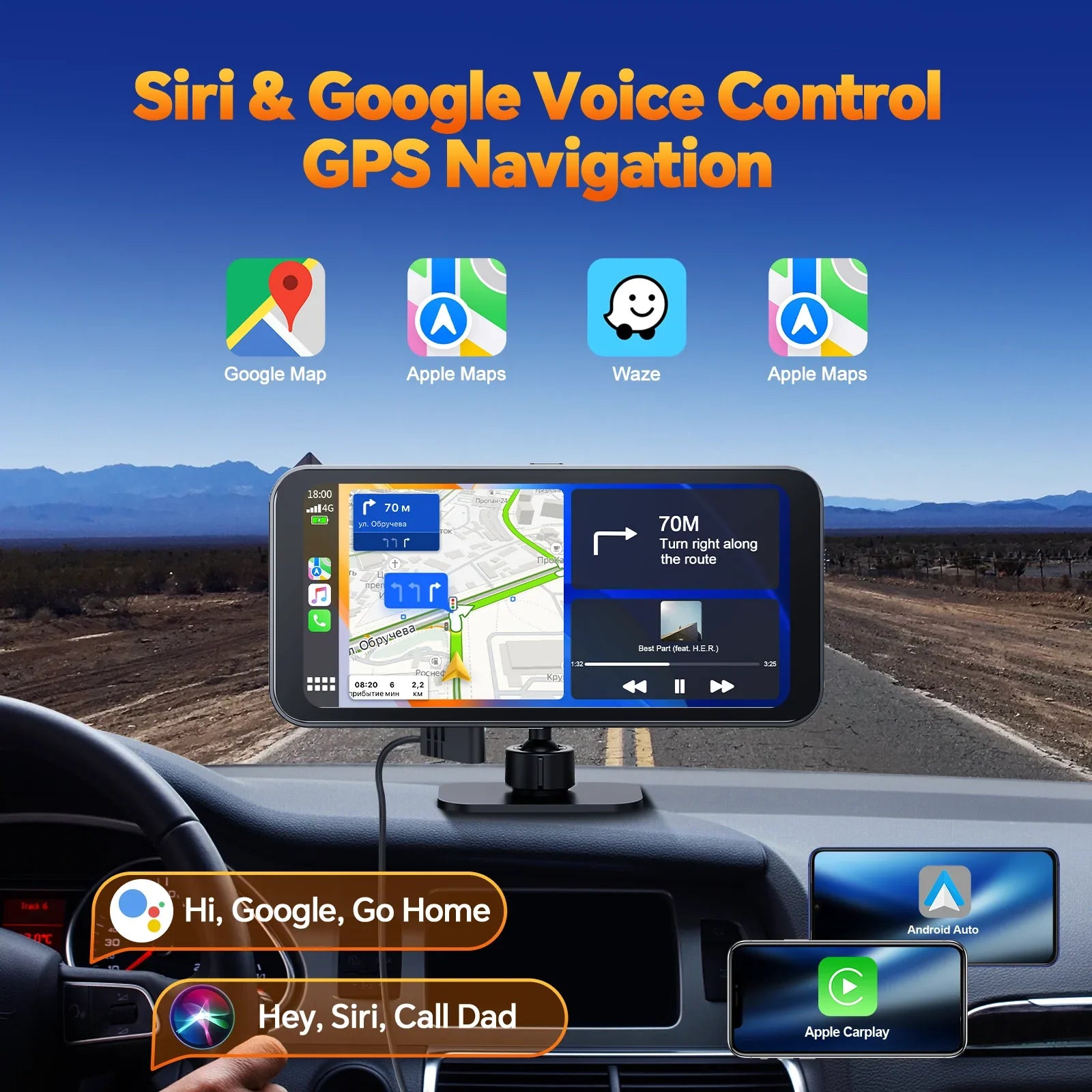 6.25" Portable Apple Carplay Android Auto Screen with 4K Ultra  Dash Cam, Wireless Car Play for  Navigation, Bluetooth Car Stereo, Backup Camera Park Assist, Mirror Link Car Radio Receiver