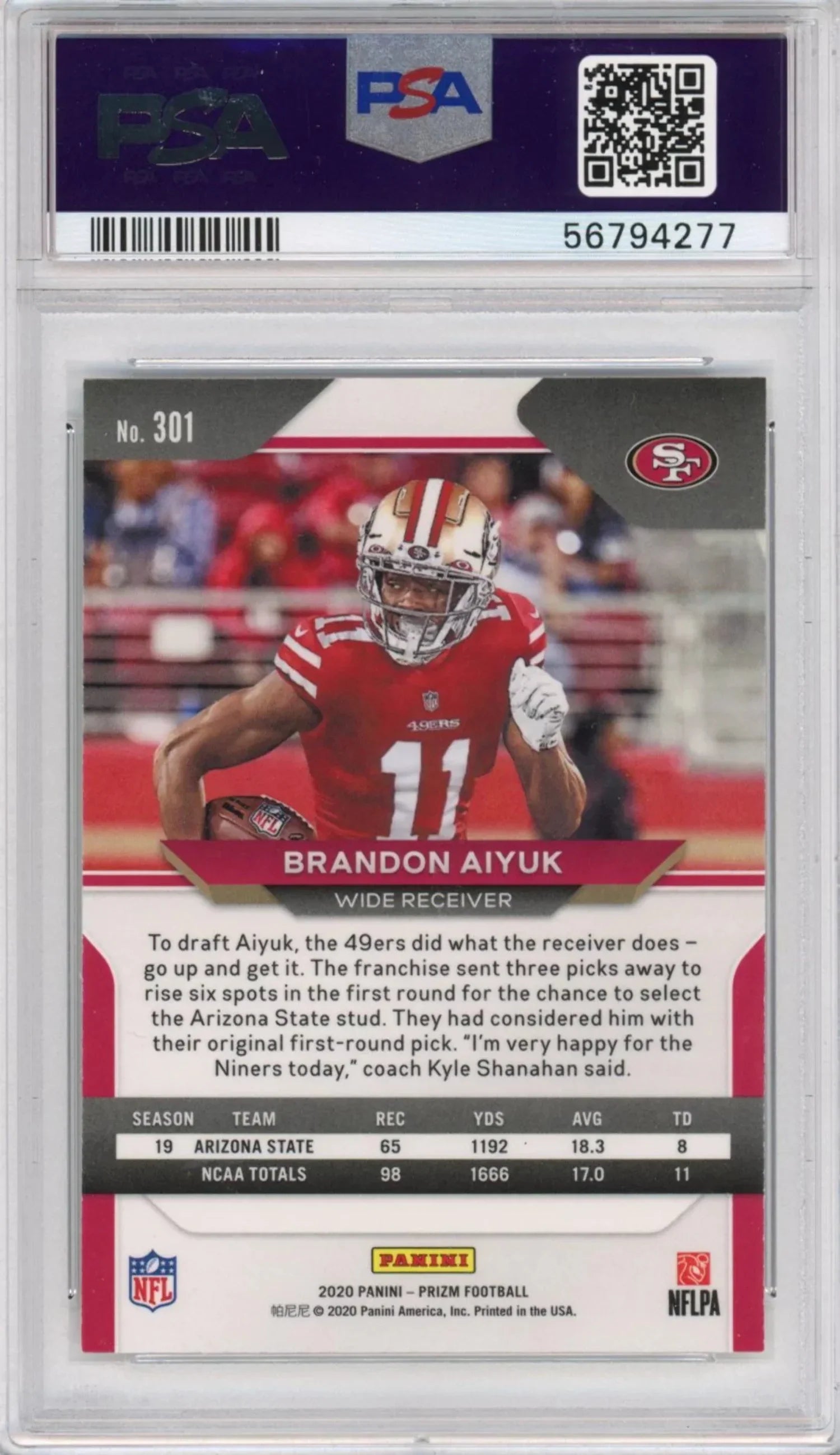 Graded 2020 Panini Prizm Brandon Aiyuk #301 Rookie  Football Card  10 Gem Mint