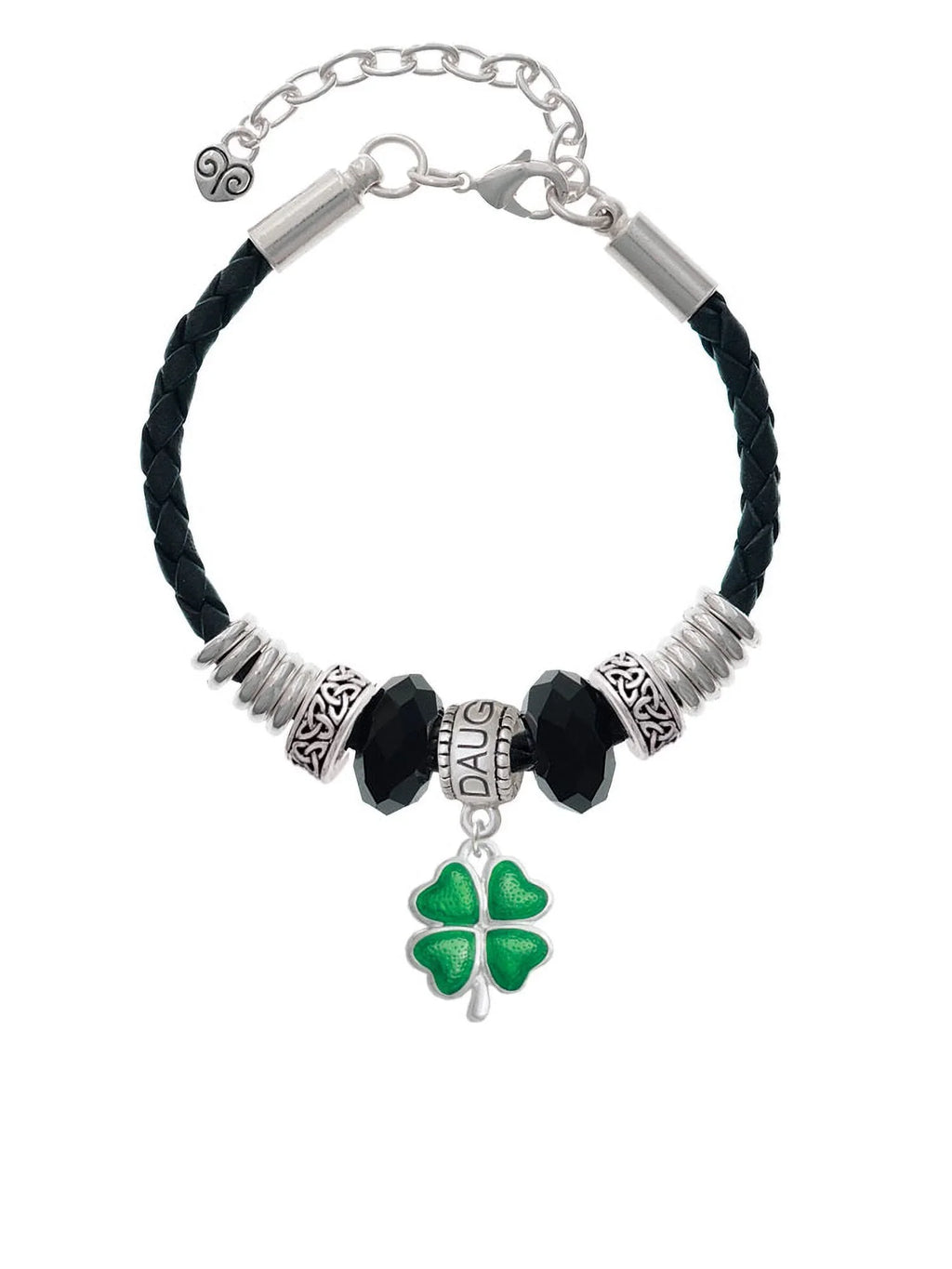 Delight Jewelry Silvertone Translucent Green Lucky Four Leaf Clover Daughter Celtic Knot Leather Bead Bracelet, 7"+2" Extender