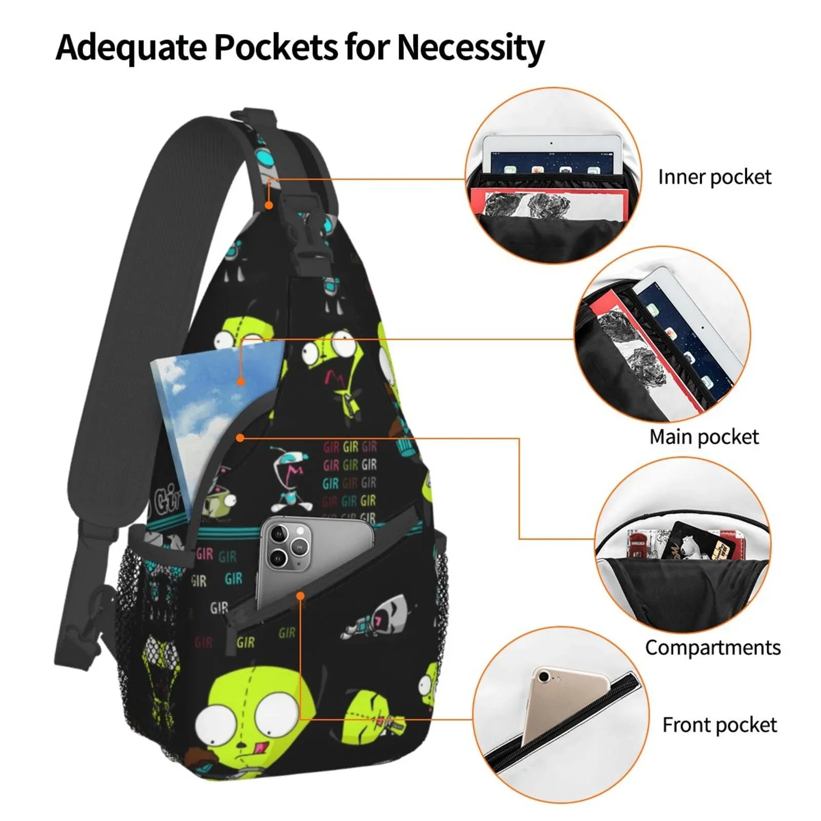 Invader Zim Show Planet Sling Bag Crossbody Backpack Chest Bags Diagonally Travel Daypack For Women Men Adults Teen