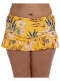 Women's Yellow Printed Stretch Tummy Control Ruched Sides Lined Moderate Coverage Ruffled Belle Fiore Swim Skirt Swimsuit Bottom 18W