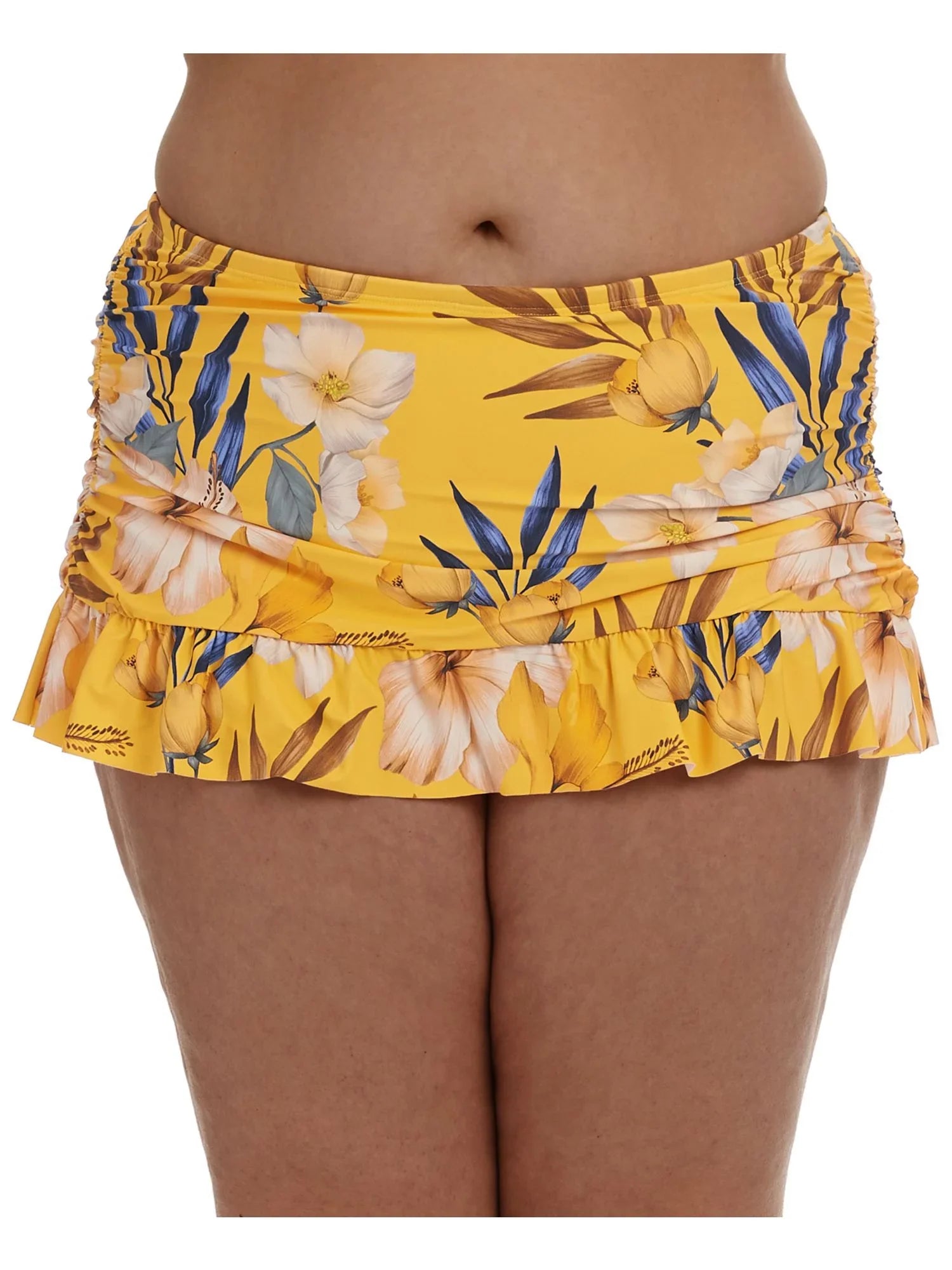 Women's Yellow Printed Stretch Tummy Control Ruched Sides Lined Moderate Coverage Ruffled Belle Fiore Swim Skirt Swimsuit Bottom 18W