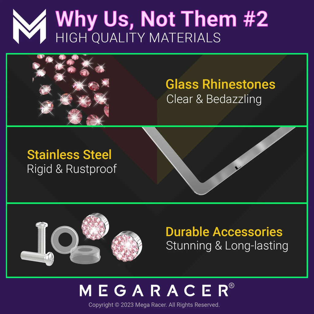 Mega Racer Nissan Rogue Bling License Plate Frames Diamond Pink Rhinestones, 2 Holes with Mounting Screws, Nissan Rogue 2008 - 2023 08 - 23 Sparkly Car License Plate Frame