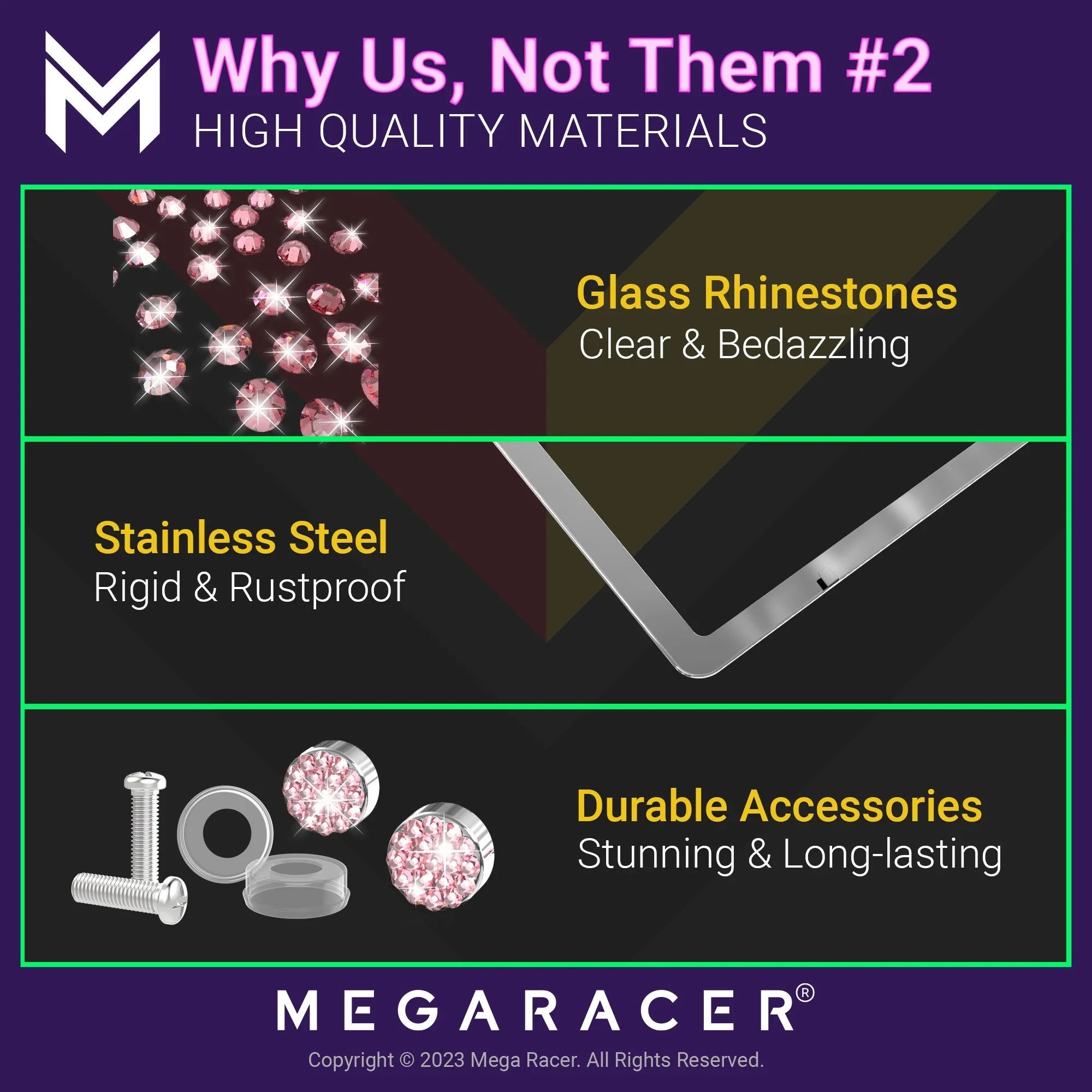 Mega Racer Nissan Rogue Bling License Plate Frames Diamond Pink Rhinestones, 2 Holes with Mounting Screws, Nissan Rogue 2008 - 2023 08 - 23 Sparkly Car License Plate Frame