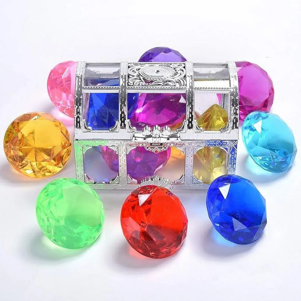 Diving Gem Pool Toy 6 Big Colorful Diamonds Set with Treasure Pirate Box Summer Swimming Gem Diving Toys Set Dive Throw Toy Set Underwater Swimming Toy for Pool Use Treasures Gift Sets (silver white)