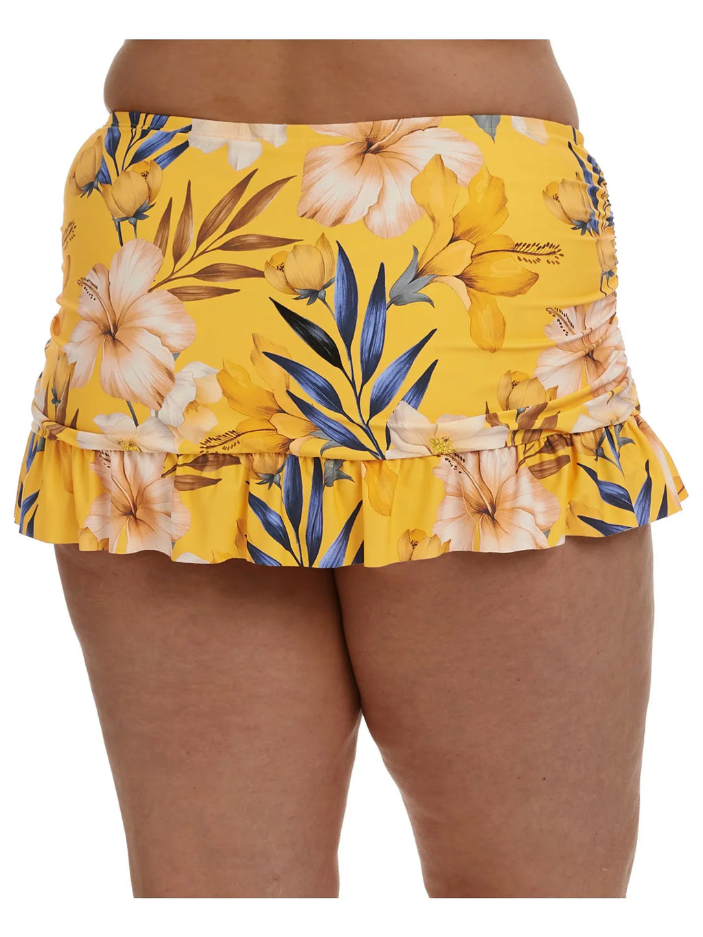 Women's Yellow Printed Stretch Tummy Control Ruched Sides Lined Moderate Coverage Ruffled Belle Fiore Swim Skirt Swimsuit Bottom 18W
