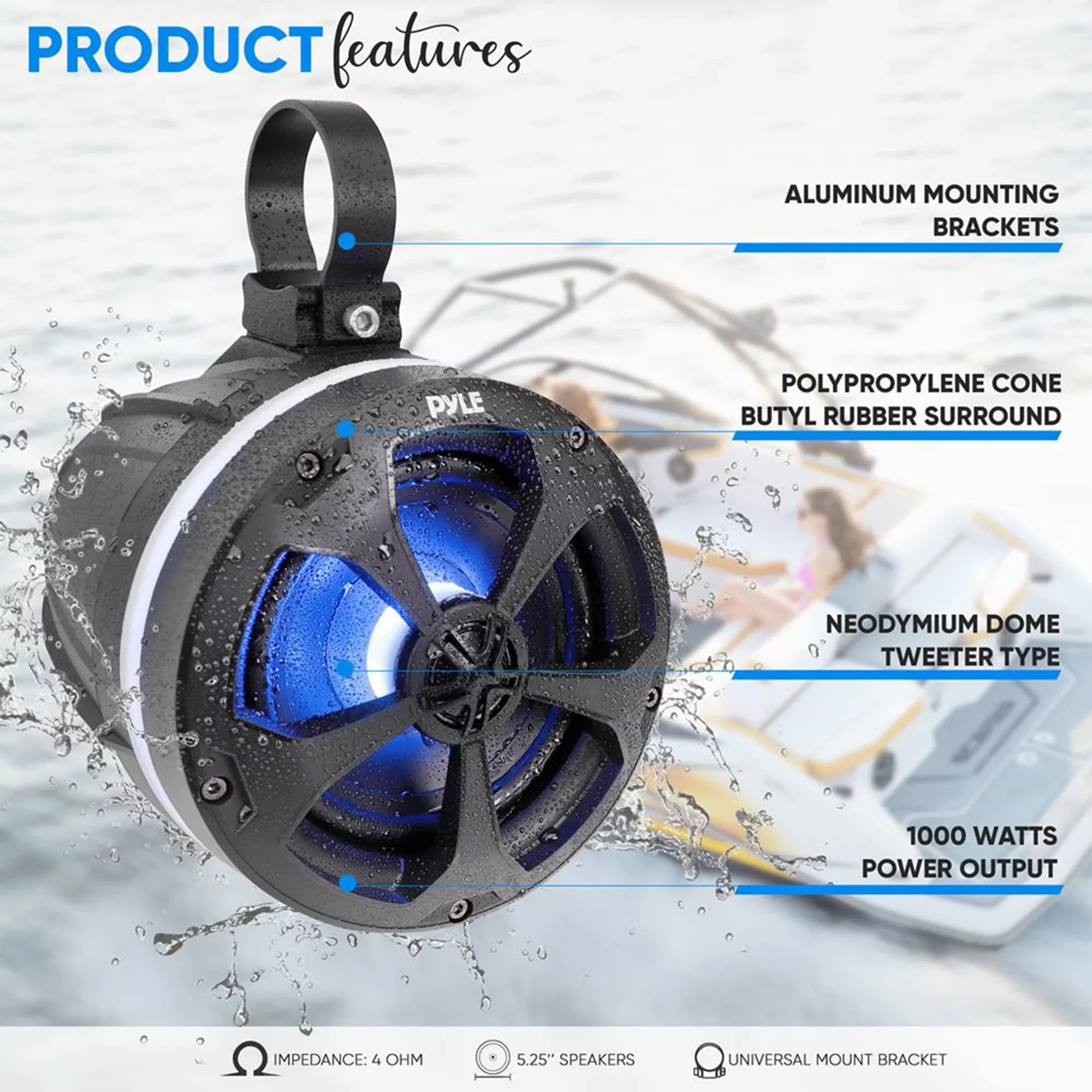 Pyle 5.25 In 1,000 Watt 2 Channel Waterproof Off Road Boat and  Speakers