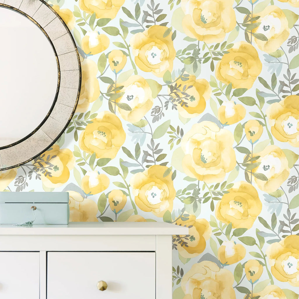 NuWallpaper Peachy Keen Yellow Vinyl Peel And Stick Wallpaper, 216-in by 20.5-in, 30.75 sq. ft.
