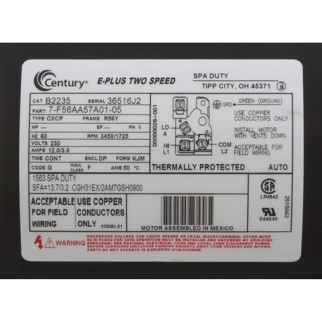 Century A.O. Smith 56Y Thru-Bolt 4.0 or 0.50  Waterway Replacement Pump Motor, 12.0/4.4A 230V B2235