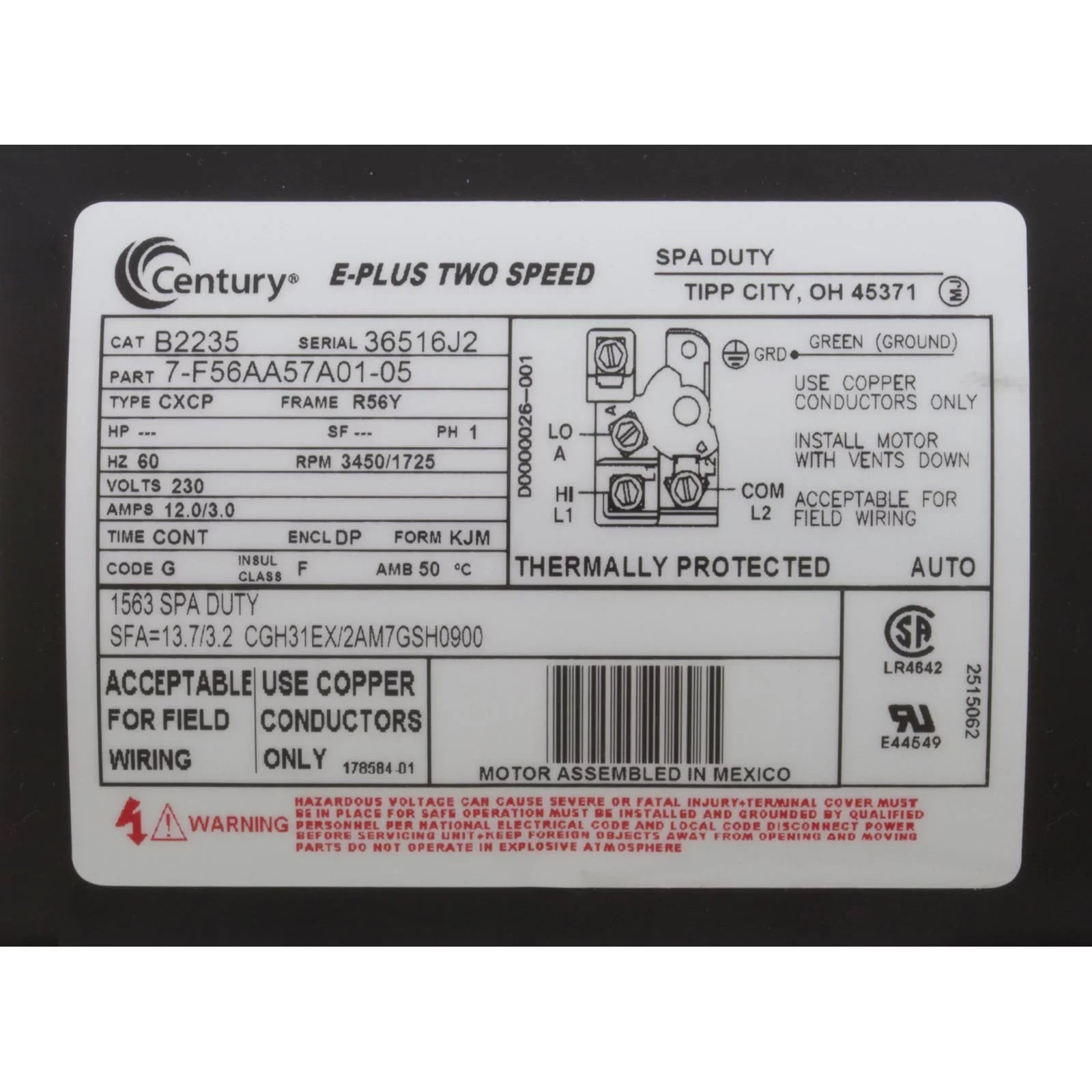 Century A.O. Smith 56Y Thru-Bolt 4.0 or 0.50  Waterway Replacement Pump Motor, 12.0/4.4A 230V B2235