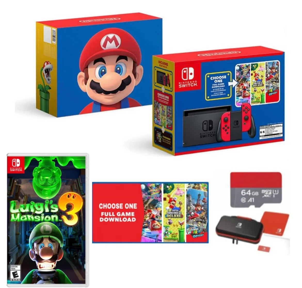 New Nintendo Switch Mario Bundle with Red Joy-Con - Bundle with Luigi's Mansion 3  & Choose One of Three Download Mario Games - 64GB Micro  - Switch Carrying Case
