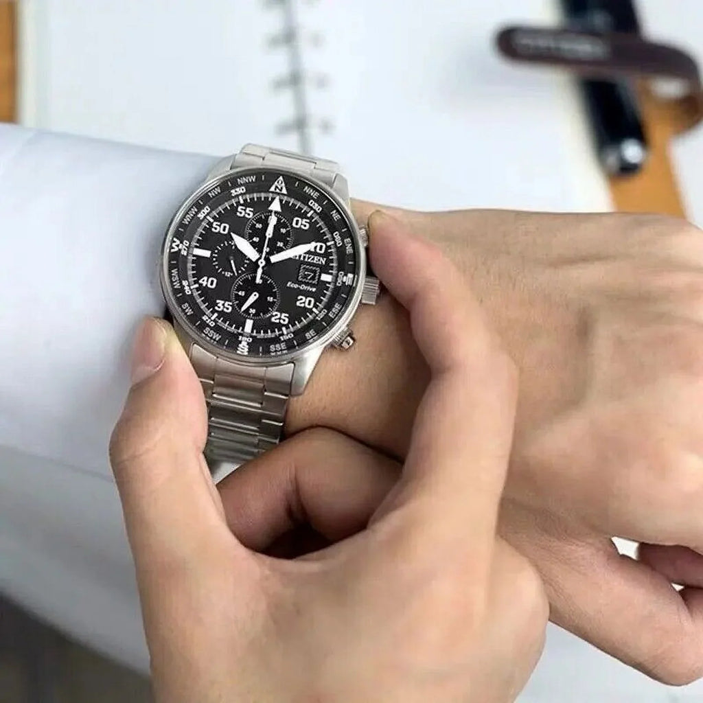 Men's Classic Business Aviator Chronograph Black Dial Eco-Drive Watch