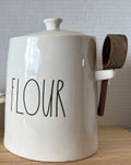 Rae Dunn New Bell Shaped Large Flour Canister Ivory Ceramic with Wooden Scoop Black  Letters Kitchen