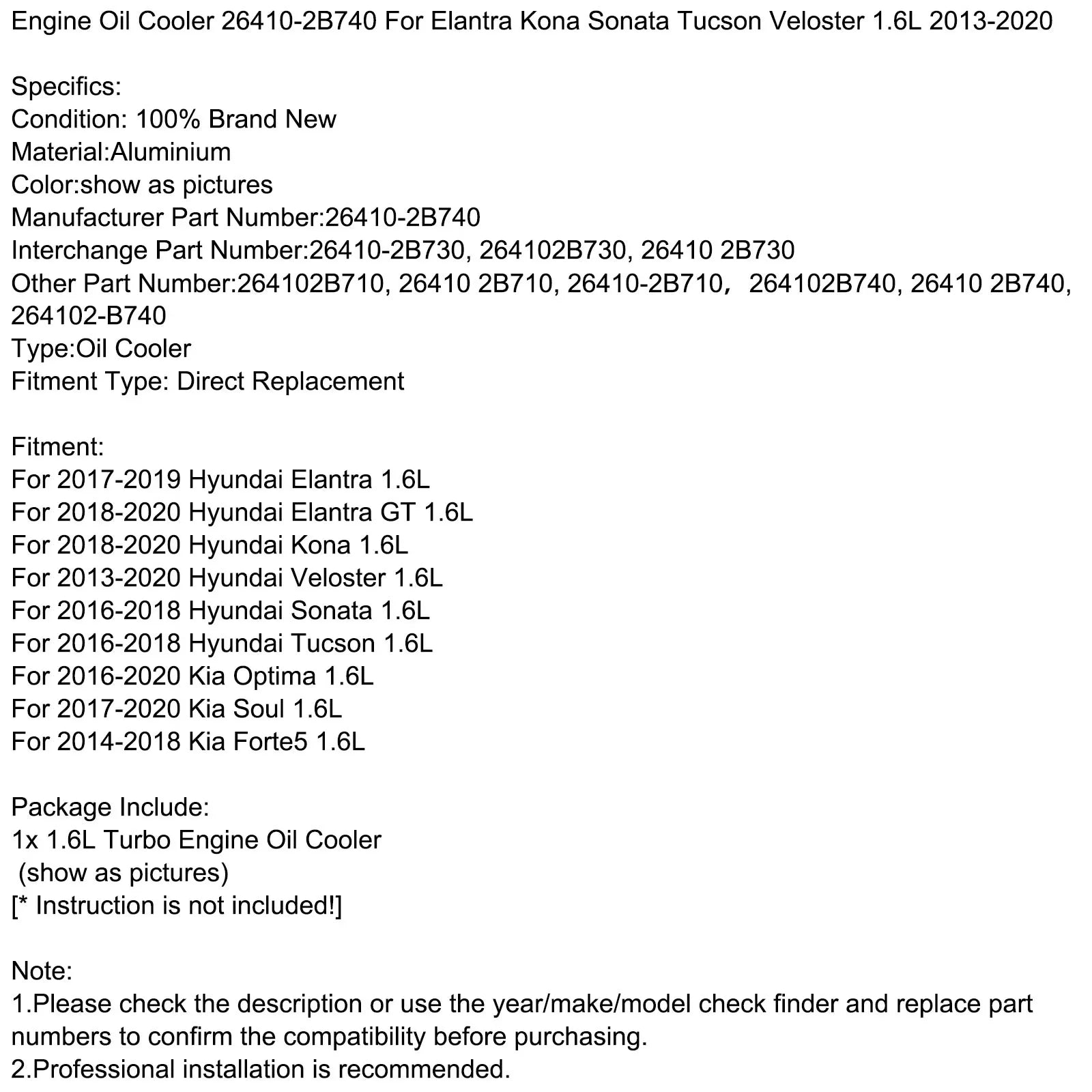 Motor Genic Engine Oil Cooler 26410-2B740 For Elantra Kona Sonata Tucson Veloster 1.6L 13-20