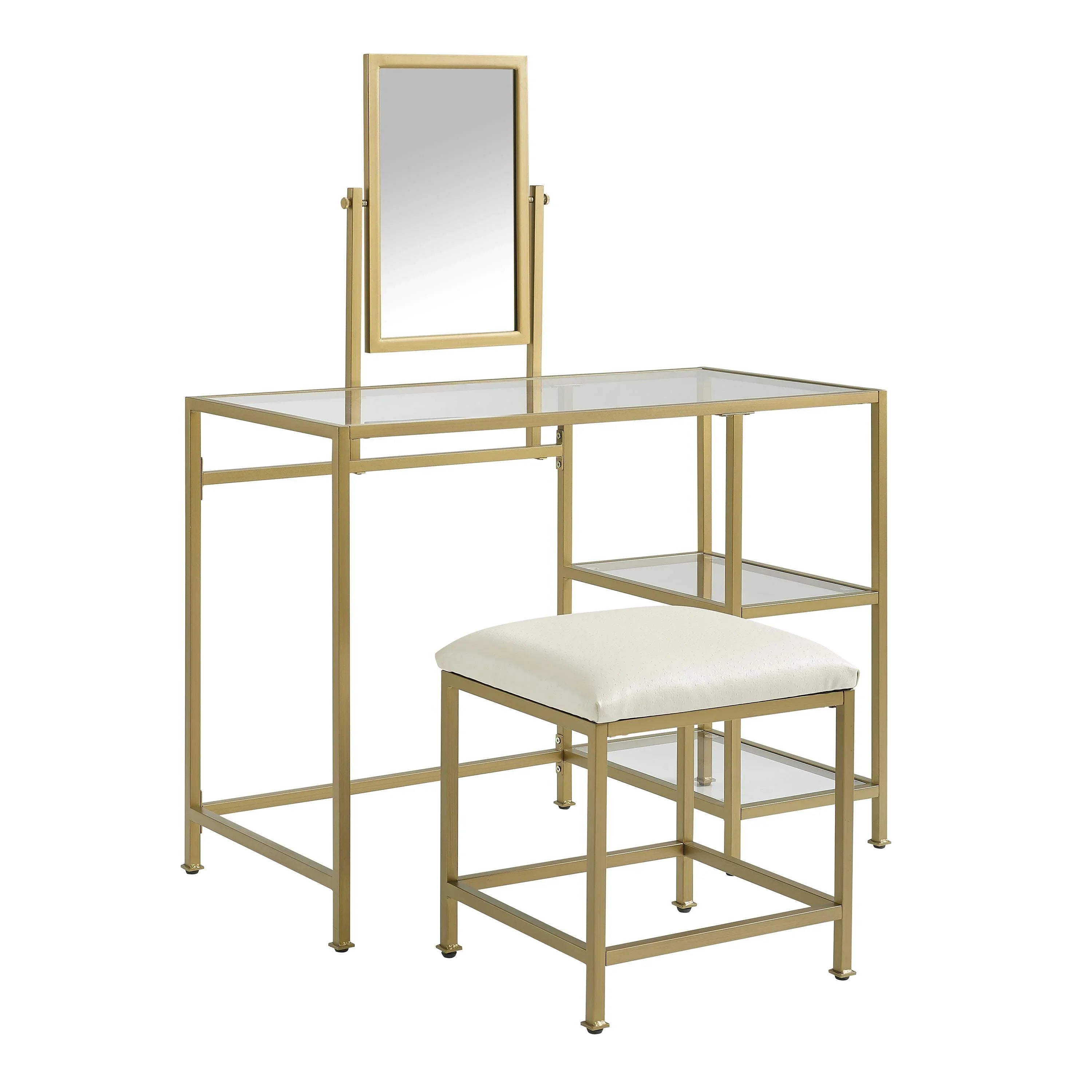 Crosley Furniture Aimee 3-Piece Makeup Vanity Desk Set with Stool and Storage Shelves