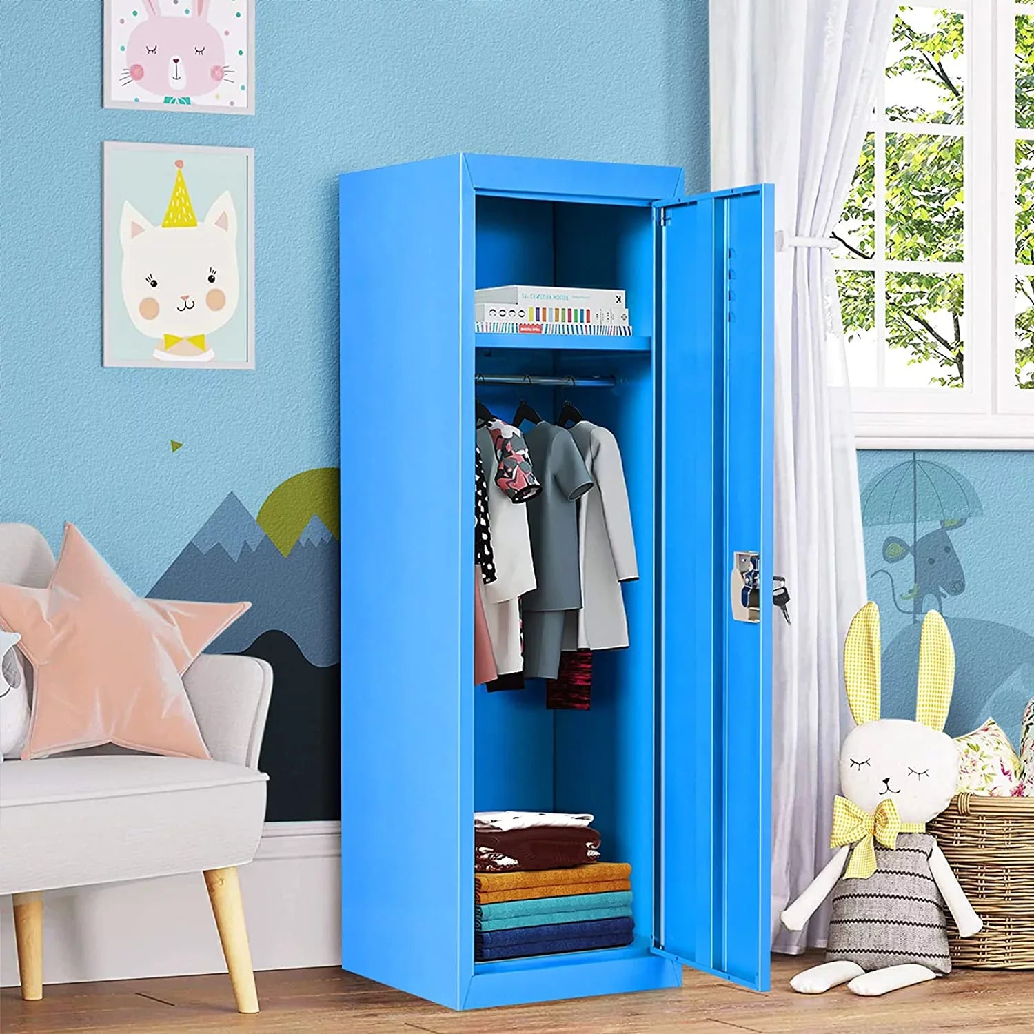 48" Kids Locker Cabinet, Daycare Metal Coat Locker w/Hanging Rod & Shelf for Kids Room Bedroom School Classroom, 2-Tier Storage Locker w/ 2 Keys for Toys, Clothes, Sports Gear