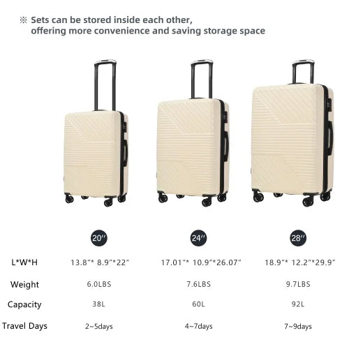 Zateety Hardshell Luggage Sets 3 Piece double spinner 8 wheels Suitcase with  Lock Lightweight 20''24''28''