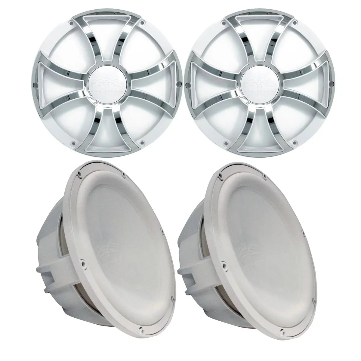 Two Wet Sounds Revo 10" Subwoofers & Grills - White Subwoofers & White Grills With Stainless Steel Inserts - 2 Ohm