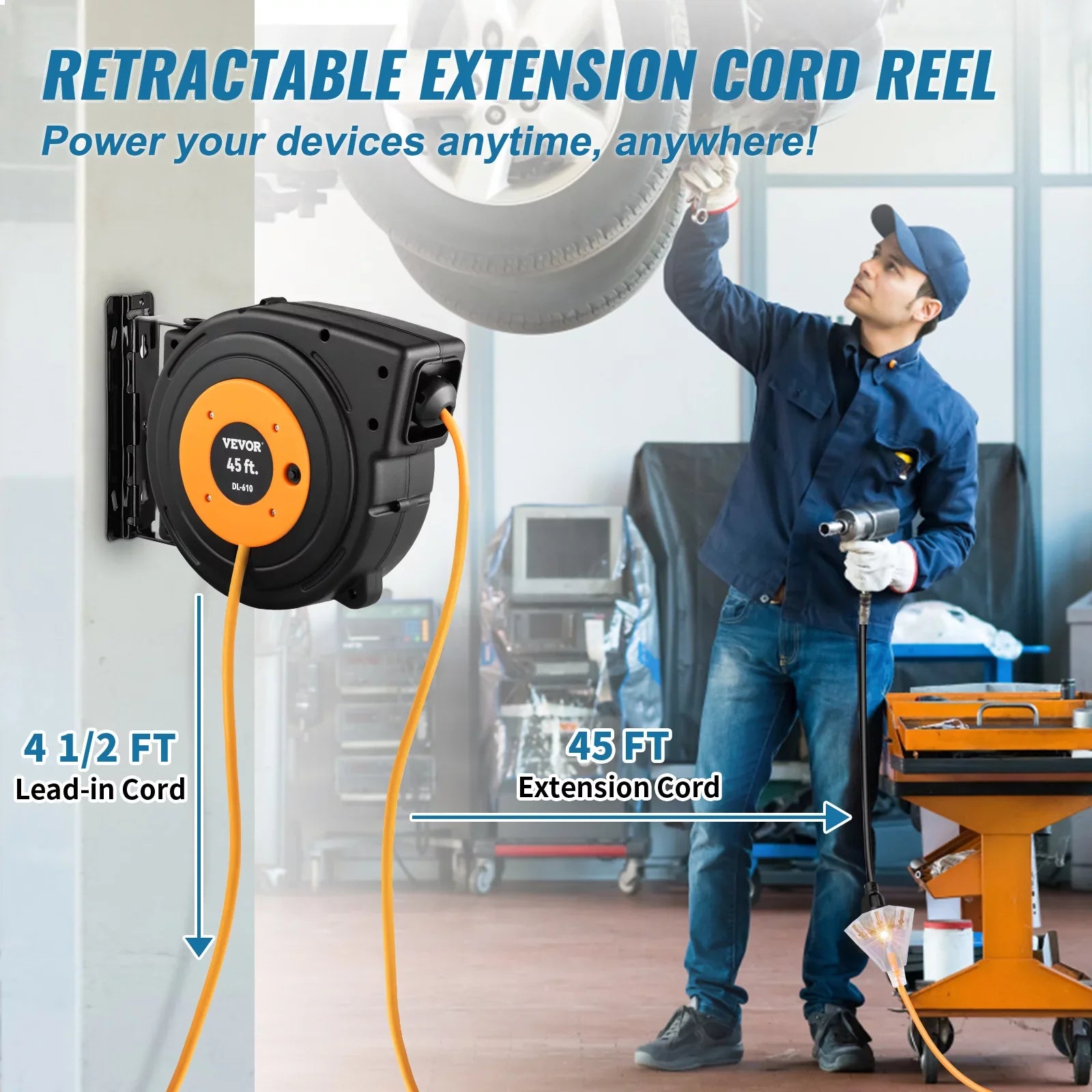 Retractable Extension Cord Reel Power Cord Reel 45FT 12AWG/3C