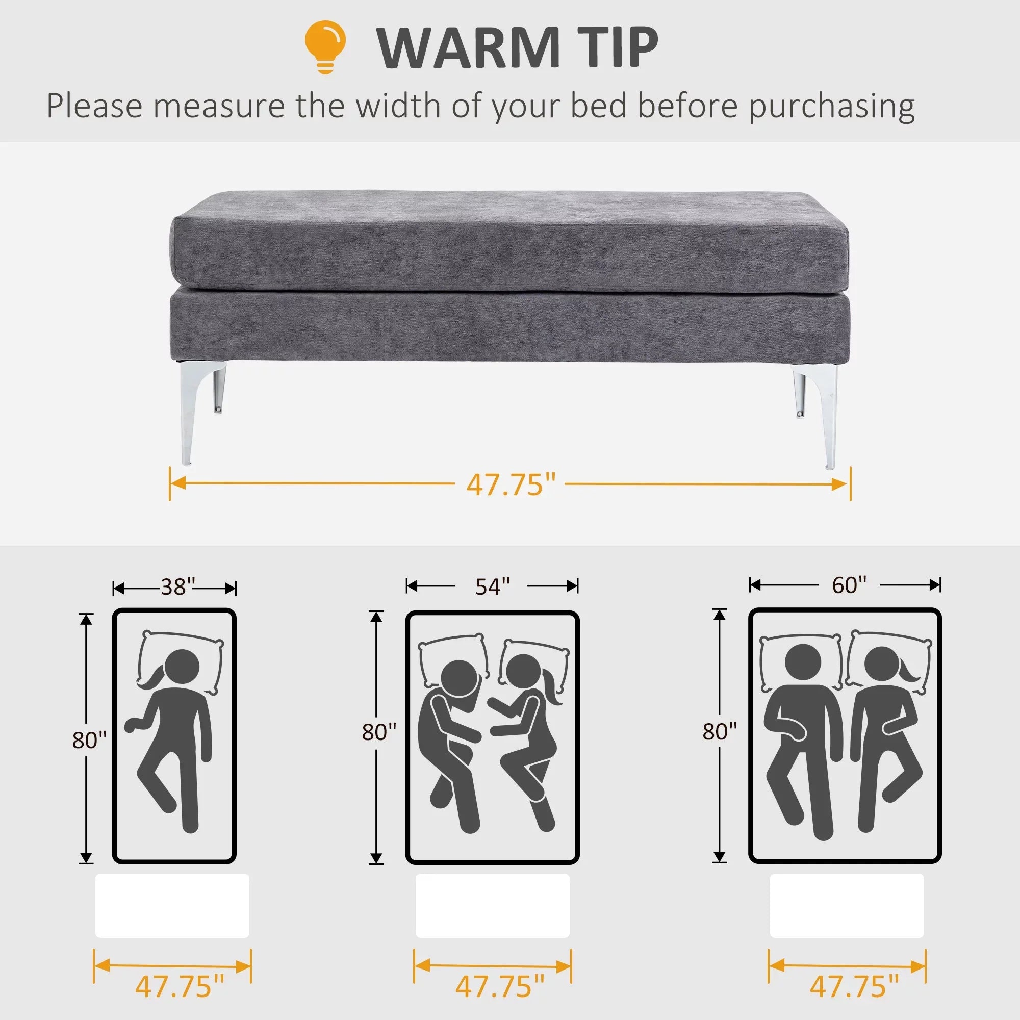 48" End of Bed Bench with Steel Legs, Dark Gray