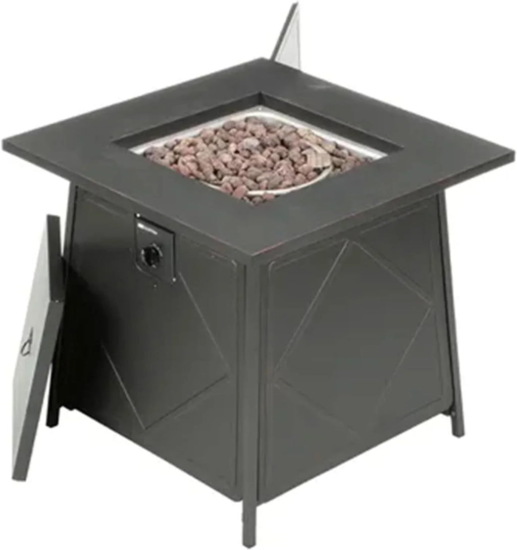 28 Inch Steel Square Gas Outdoor Backyard Tabletop Fire Pit with Lava Rocks and Steel Cover Lid, Black