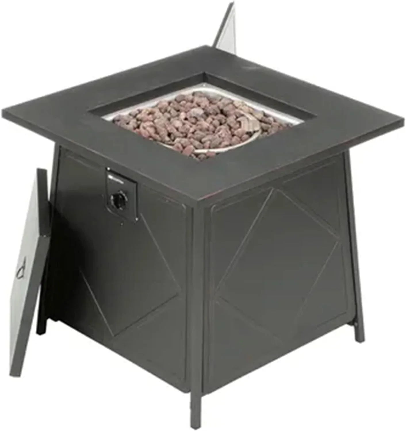 28 Inch Steel Square Gas Outdoor Backyard Tabletop Fire Pit with Lava Rocks and Steel Cover Lid, Black
