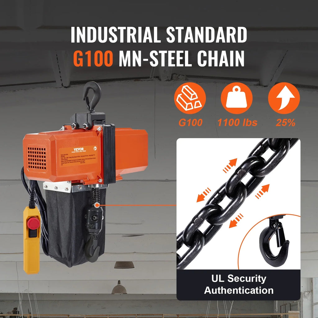 Electric Chain Hoist Single Phase Crane Hoist 1100 lbs Load 15 ft Lifting