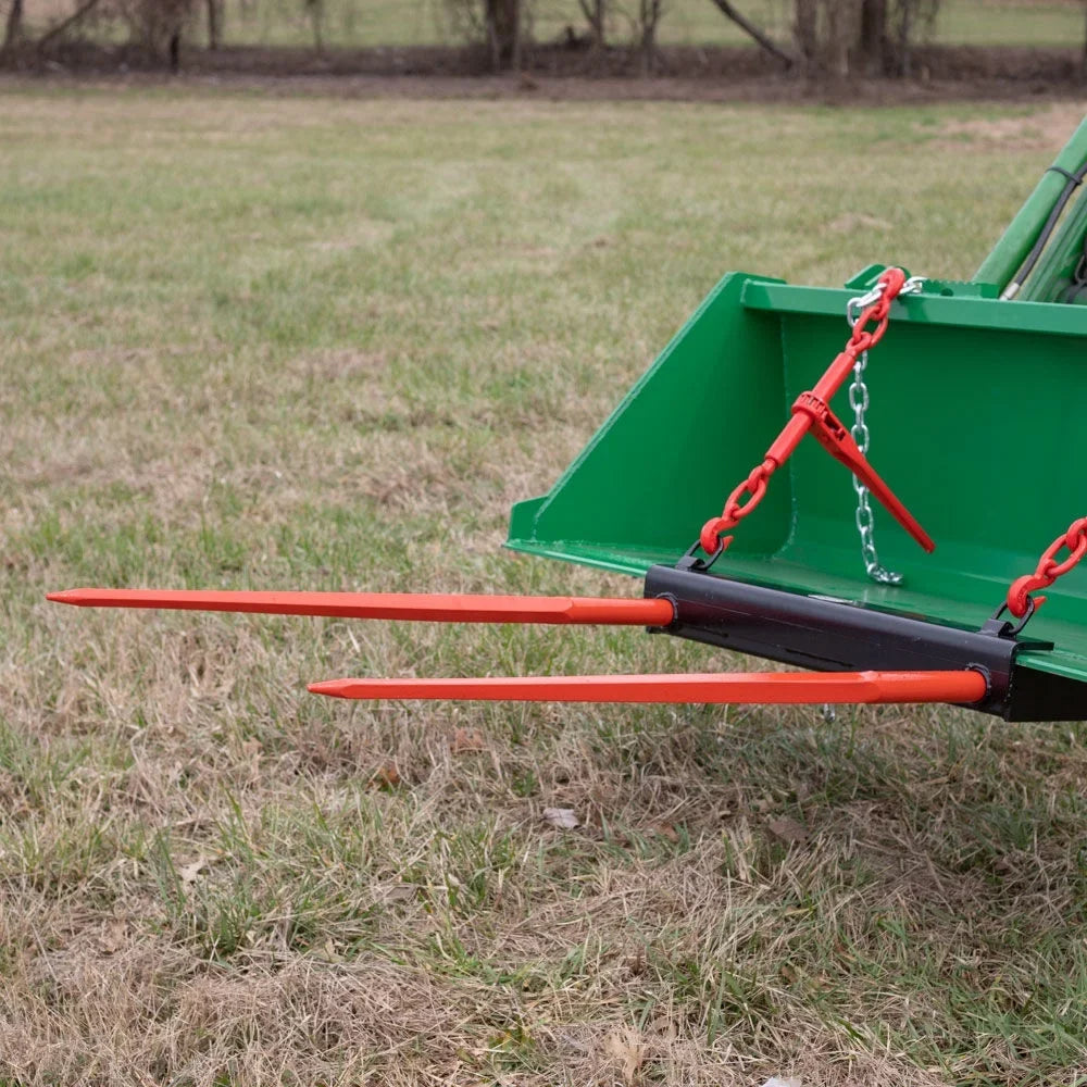 Titan Attachments Dual Prong 43" Hay Bale Spear Attachment, Universal  Front Skid Steer Tractor Loader Bucket Attachment, 3000  Capacity, Conus 2 Tines, Chains and Ratchet Binders Included