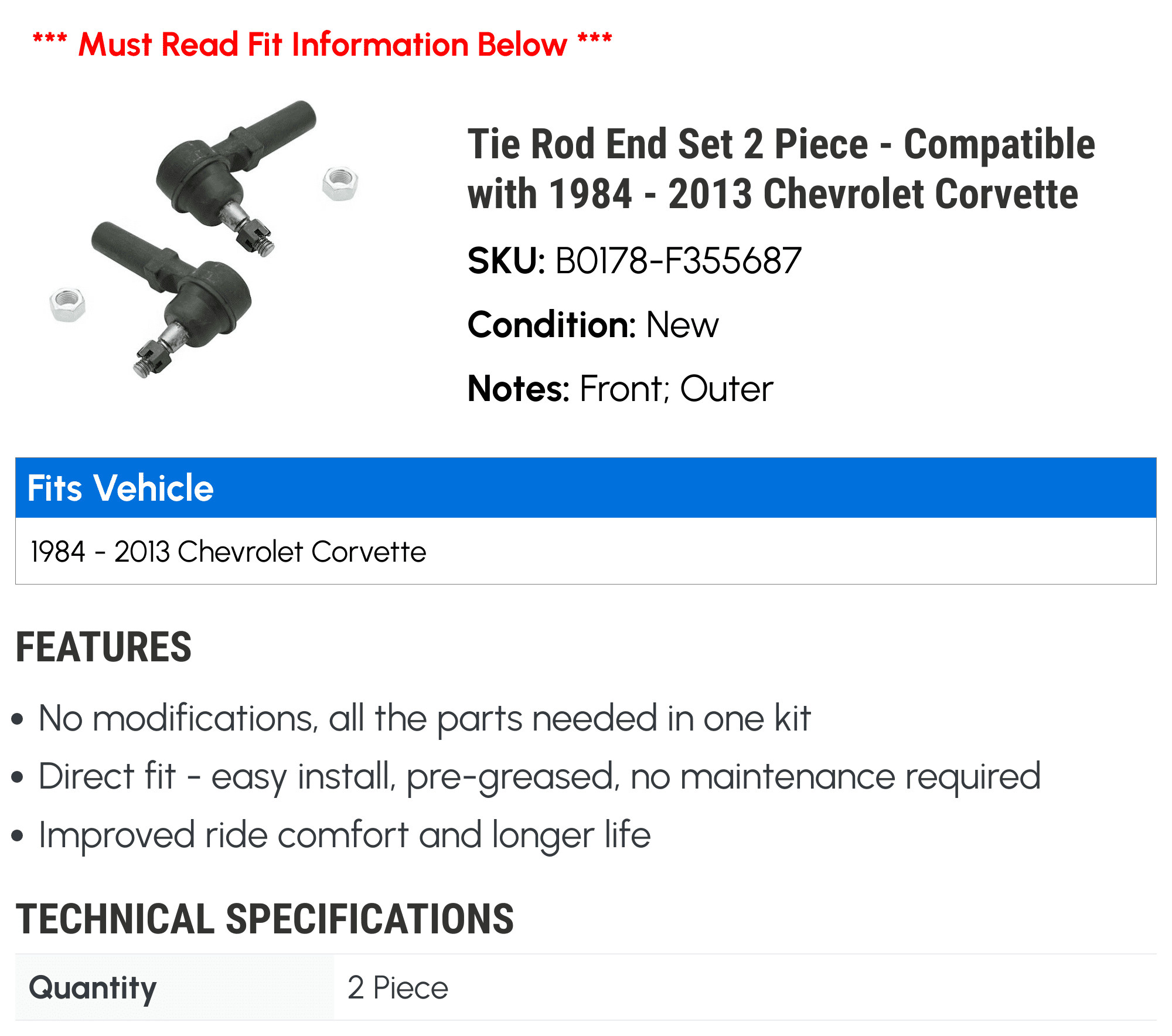 Tie Rod End Set 2 Piece - Compatible with 1984 - 2013 Chevy Corvette 1985 1986 1987 1988 1989 1990 1991 1992 1993 1994 1995 1996 1997 1998 1999 2000 2001 2002 2003 2004 2005 2006 2007 2008 2009