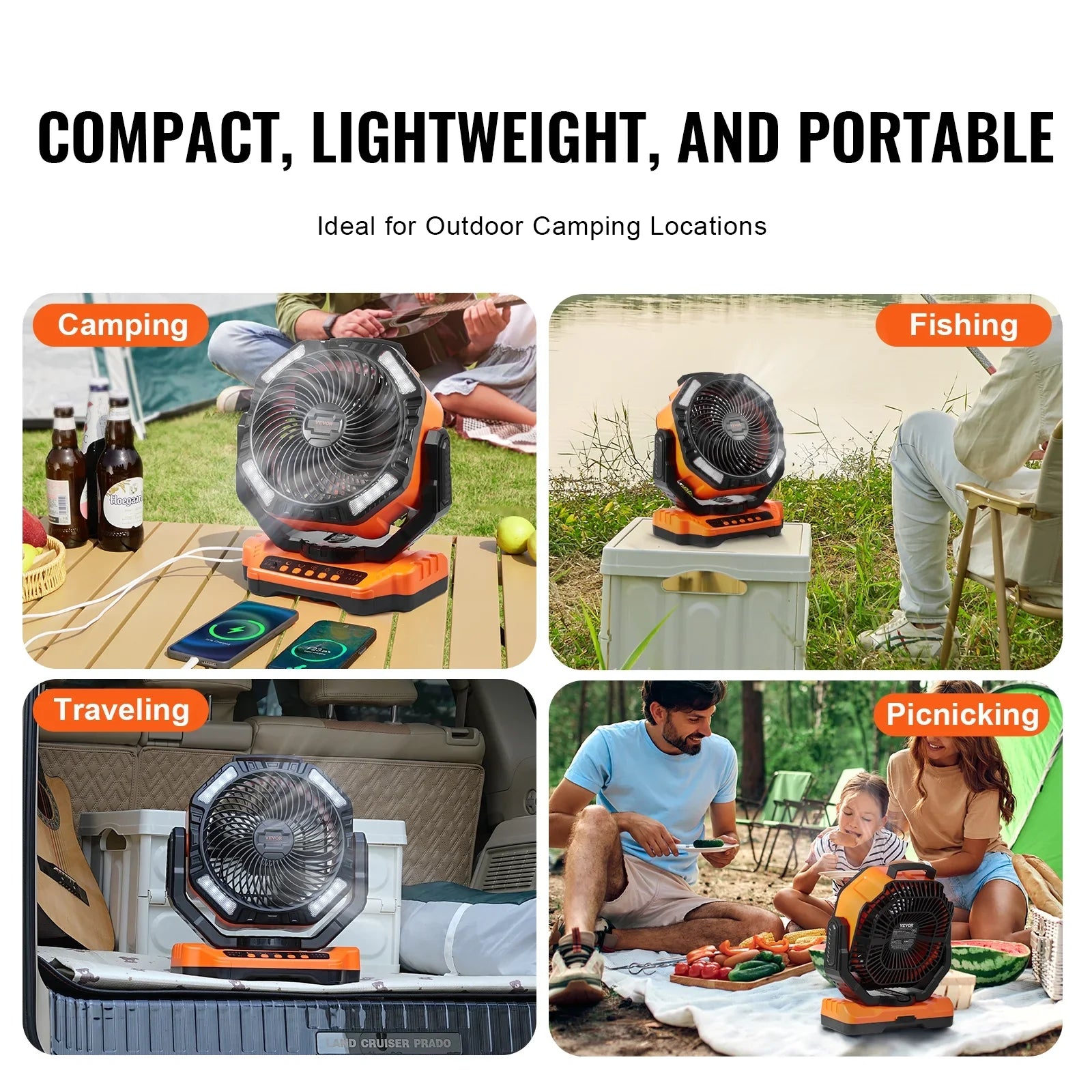 13 inch Portable Fan Rechargeable with  Lantern 4 Speeds Swivel Timer