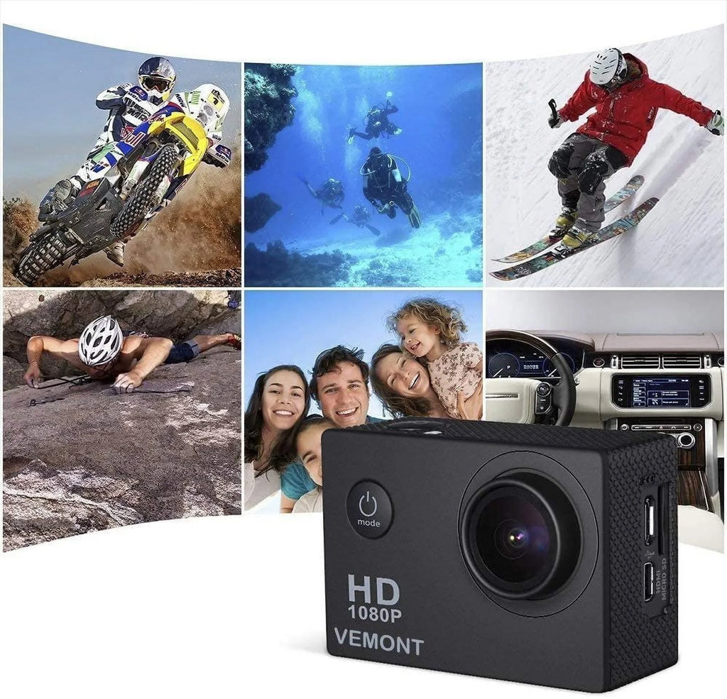 Action Camera, 1080P 12MP Sports Camera Full  2.0 Inch Action Cam 30m/98ft Underwater Waterproof Snorkel surf Camera with Wide-Angle Lens and Mounting Accessories Kit Black