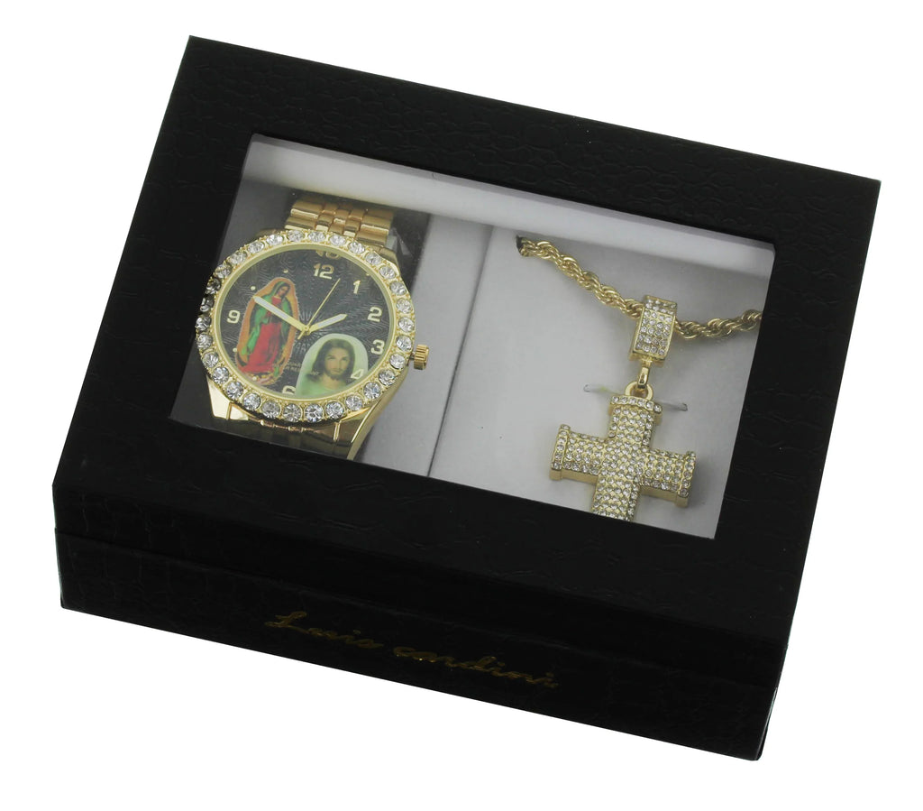 Men's Our Lady of Guadalupe and Jesus Gold-Tone Metal Bracelet Watch with Neckless and Cross Pendent Set