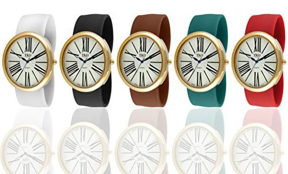 Interchangeable 5 Band Slap Watch Gift Set Gold Large Roman Numeral Dial
