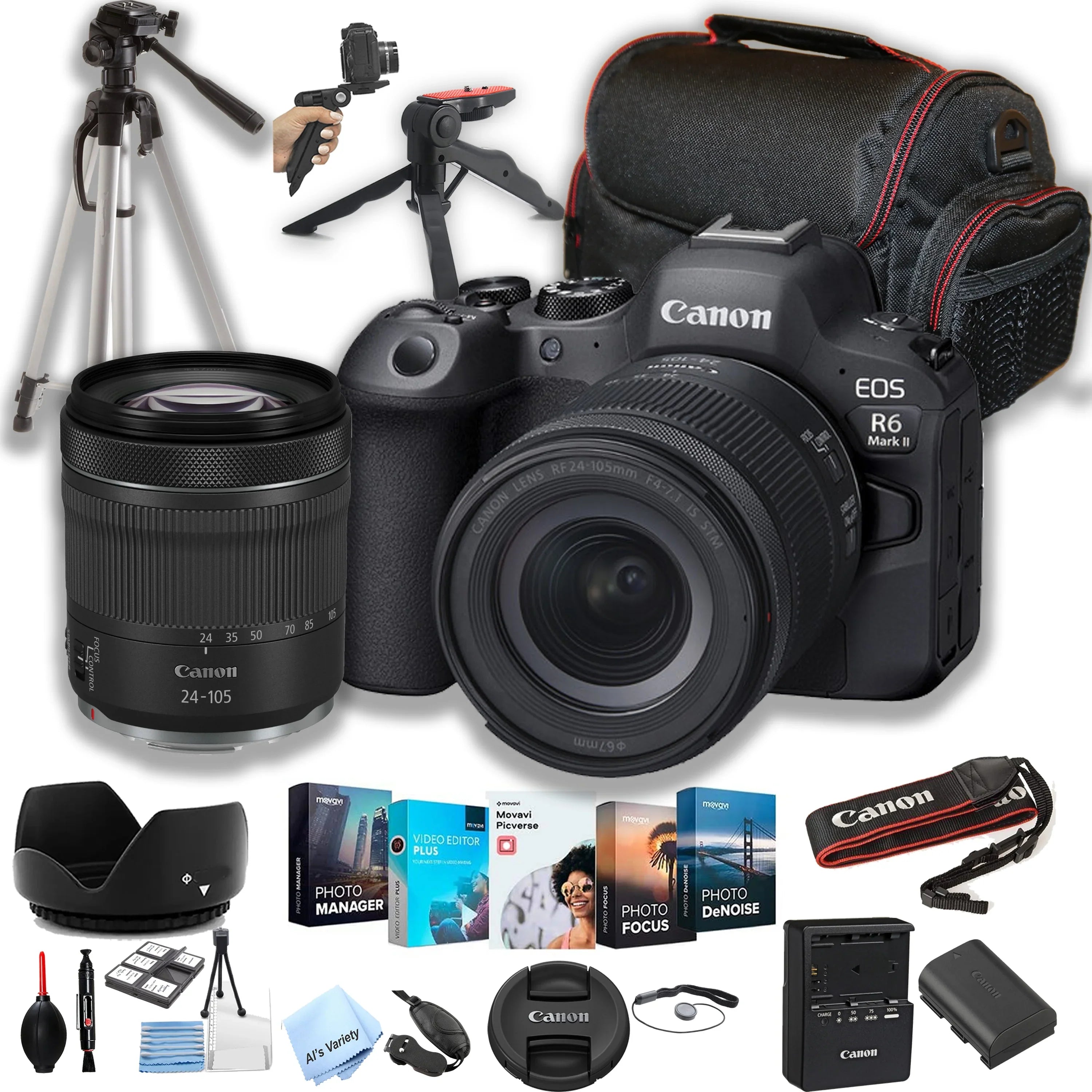 Canon  R6 Mark  Mirrorless Digital Camera with  24-105mm f/4-7.1  Lens  + 64GB Memory + Case+ Steady Grip Pod + Tripod+ Software Pack + More (30pc Bundle)