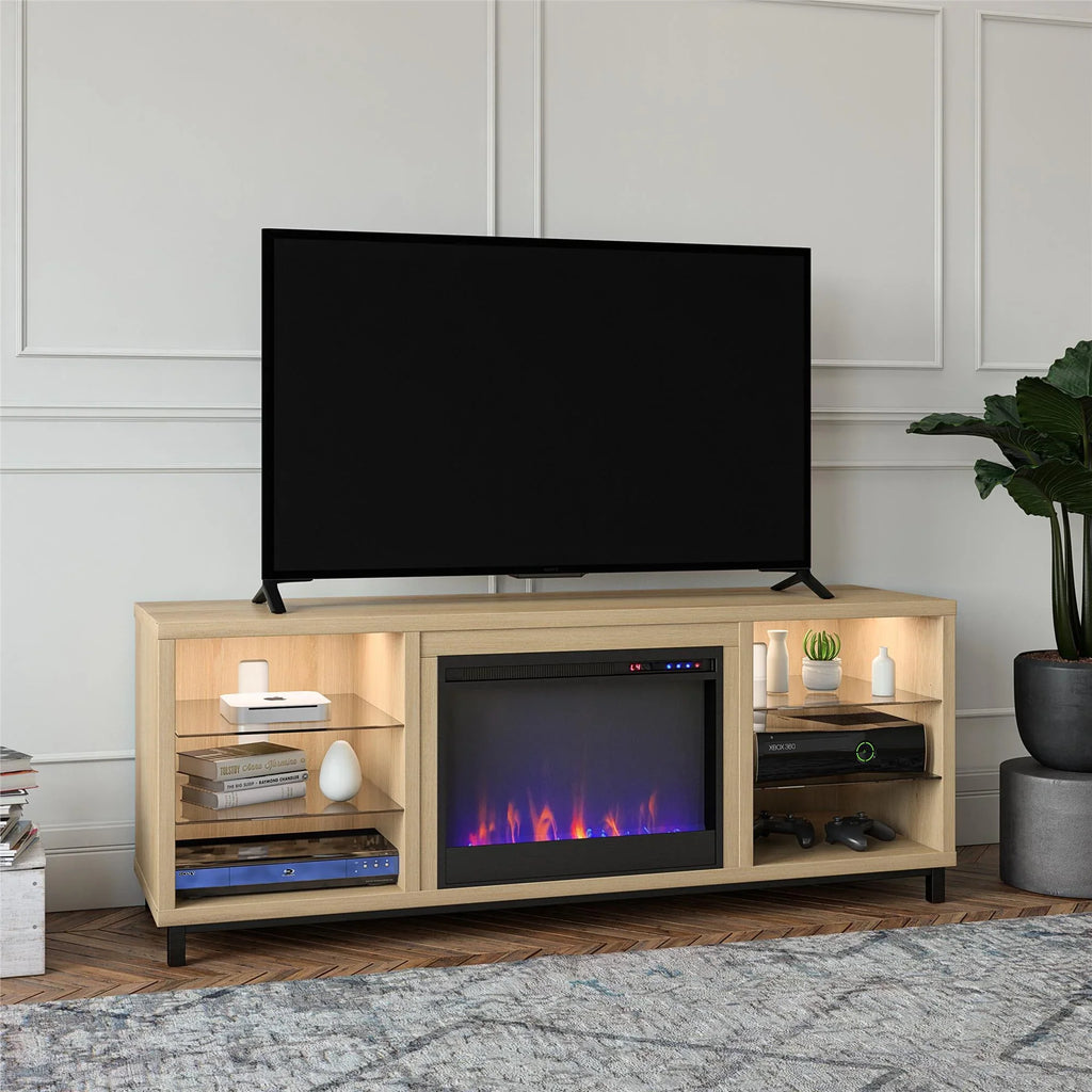 Ameriwood Home Lumina Deluxe Fireplace  Stand for TVs up to 70" in Blonde Oak
