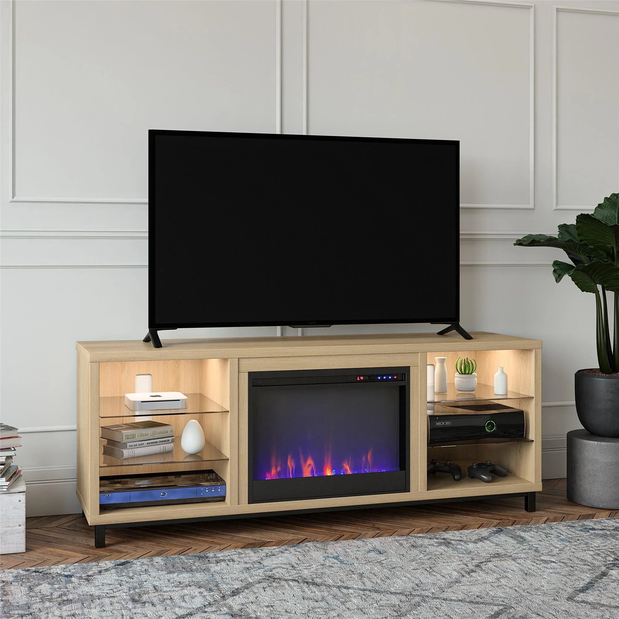 Ameriwood Home Lumina Deluxe Fireplace  Stand for TVs up to 70" in Blonde Oak