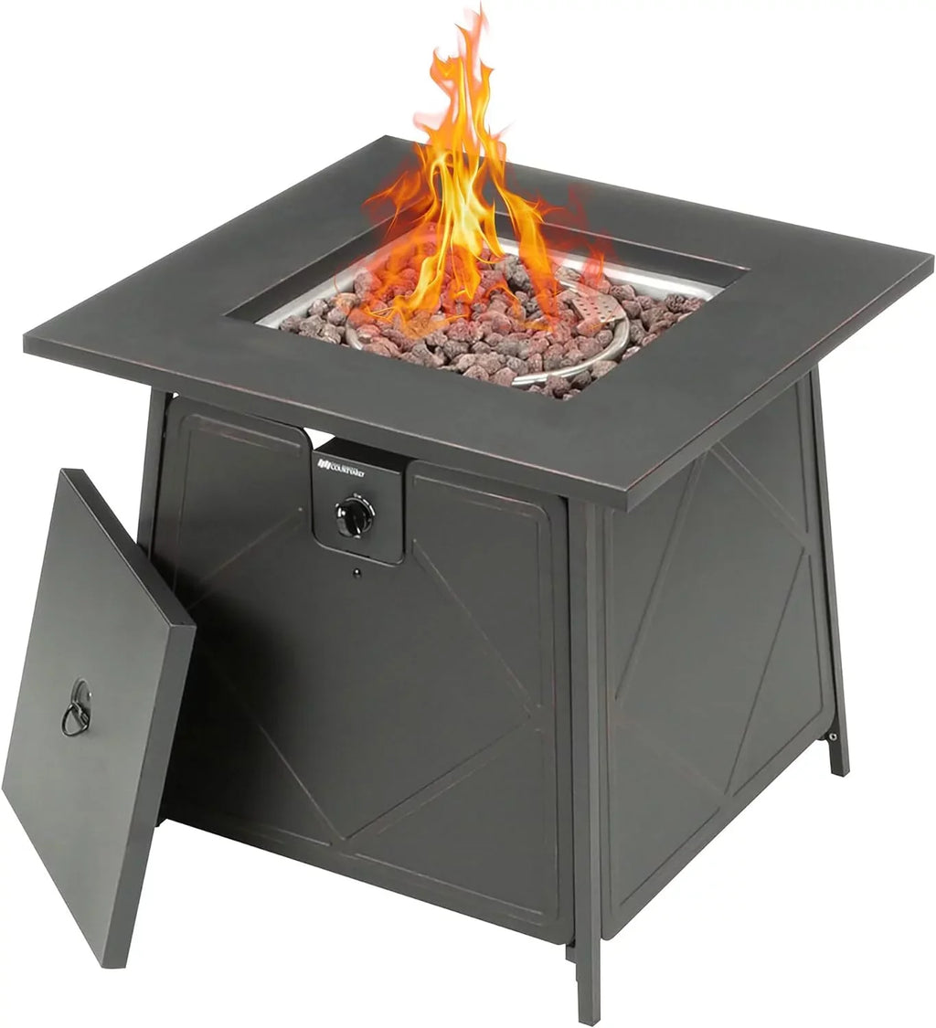 28 Inch Steel Square Gas Outdoor Backyard Tabletop Fire Pit with Lava Rocks and Steel Cover Lid, Black