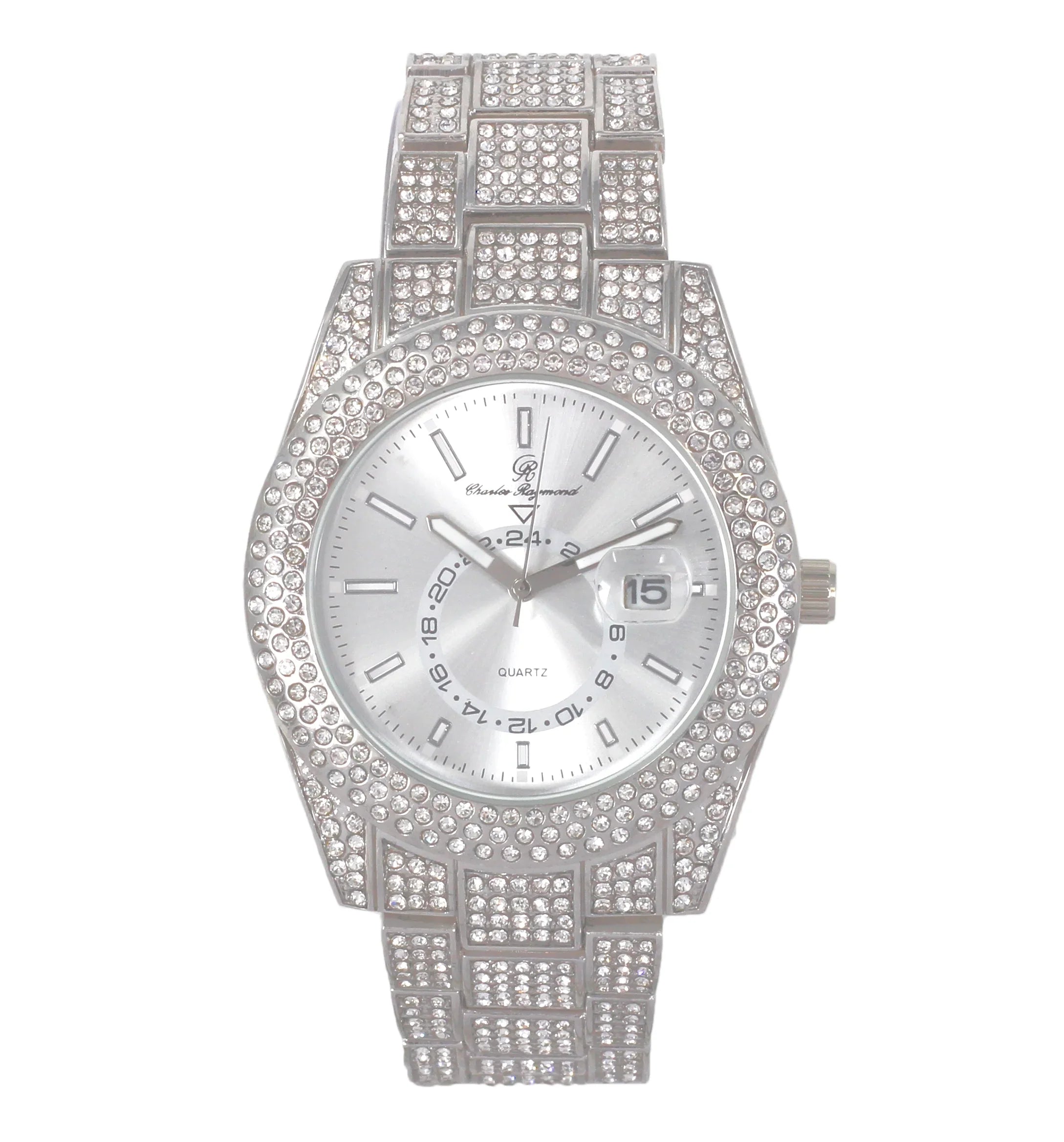 Charles Raymond Ice on Blast! Blinged Out Hip Hop Rolly Looks with Iced Out Wristwatch Trim and Band with Matching Zig Zag Bling'ed Out Necklace Sets -  Necklace Sets - Silver