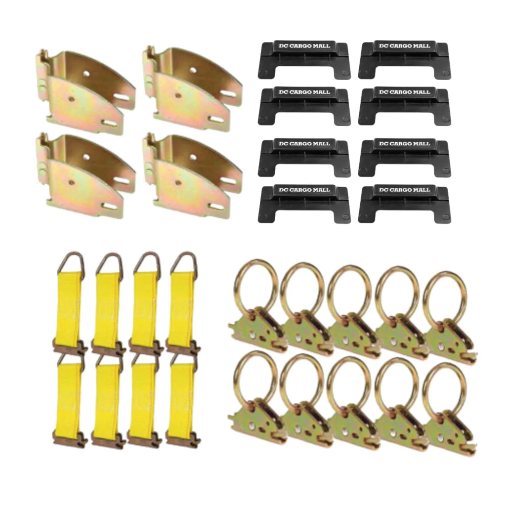 """E-Track TieDown Kit: 4 Wood Beam Sockets, 10 O Rings, 8 End Caps, 8 Rope TieOffs. Ideal TieDown Accessories Bundle for Trucks, Warehouses, Docks, Trailers, Boats. E-track  included."""