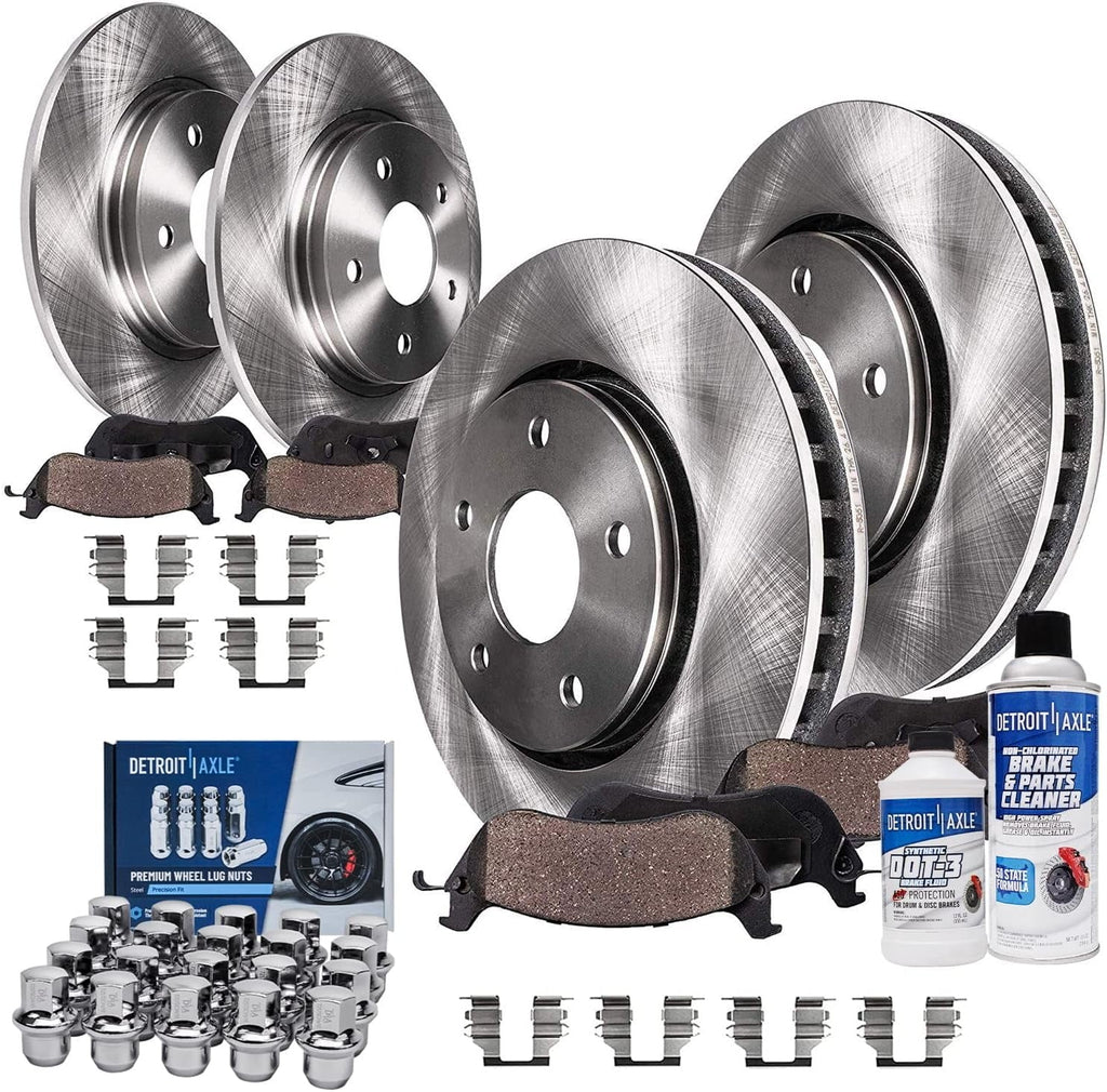 Detroit Axle - 330mm Front 328mm Rear Disc Rotors Brake Pads +20pc Lug Nuts Replacement for Town & Country Routan Grand Caravan Ram C/V - 30pc Set