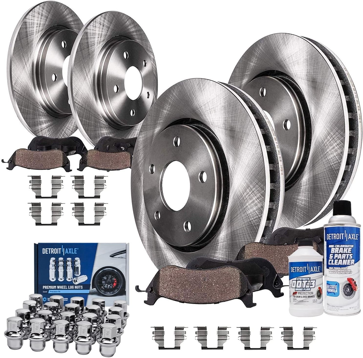 Detroit Axle - 330mm Front 328mm Rear Disc Rotors Brake Pads +20pc Lug Nuts Replacement for Town & Country Routan Grand Caravan Ram C/V - 30pc Set